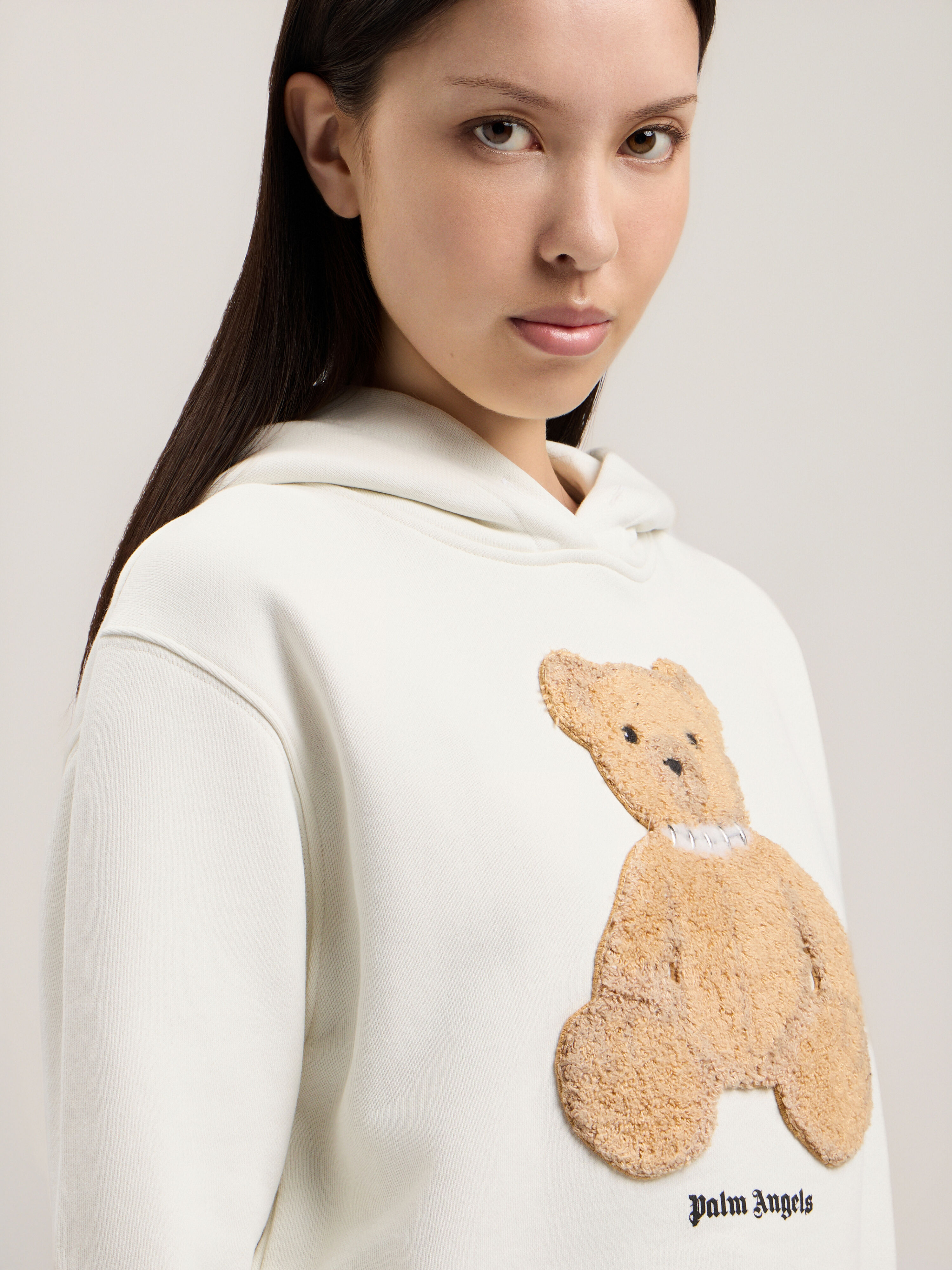 PALM ANGELS Bear Fitted Hoodie OFF WHITE BROWN PWBB069S26FLE008