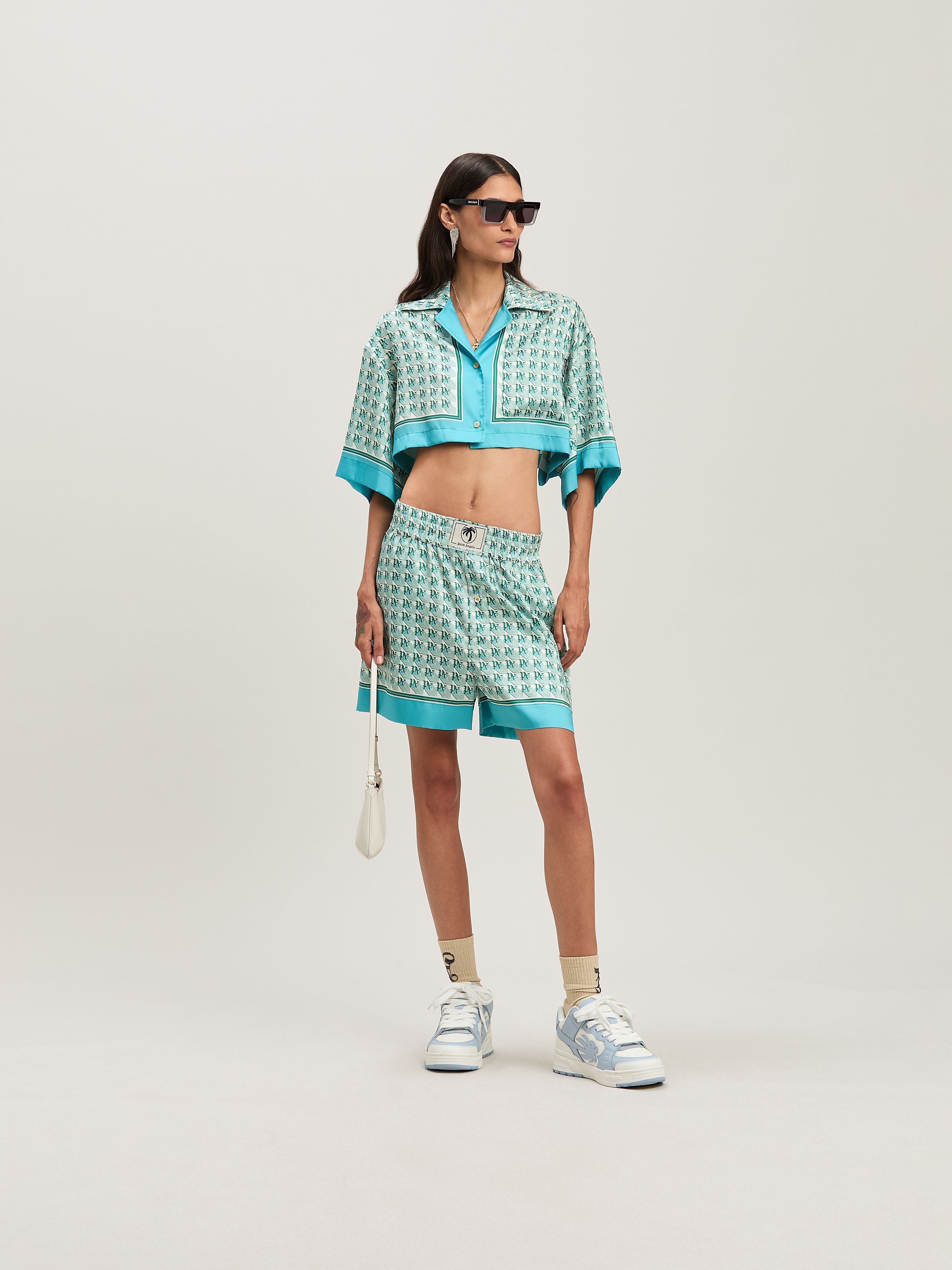 PALM ANGELS  PA Diamond cropped shirt GREEN - IVORY PWGG003S25FAB001