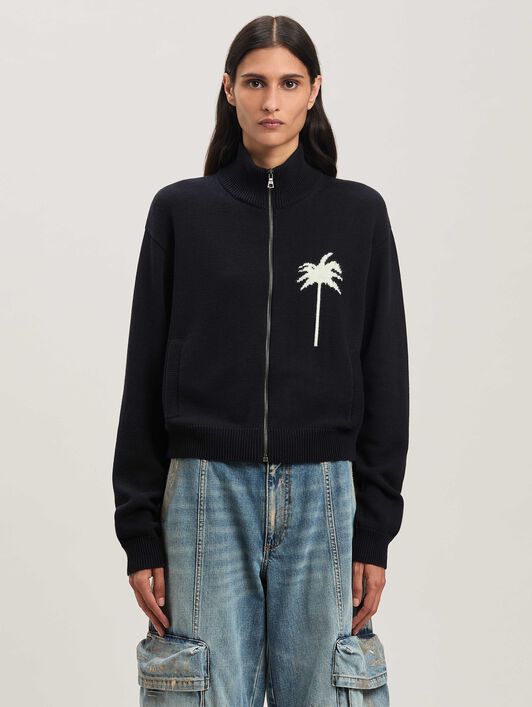 PALM ANGELS  Palm Inlay Track knit jacket BLACK - OFF WHITE PWHA061S25KNI001
