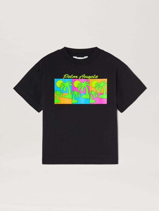 PALM ANGELS  T-Shirt mit dreifachem Palm-Print BLACK GREEN FLUO PBAA003S25JER008