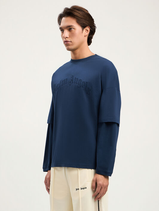PALM ANGELS Curved Logo Double Long-Sleeved T-shirt NAVY BLUE NAVY BLUE PMAB05KS26JER001