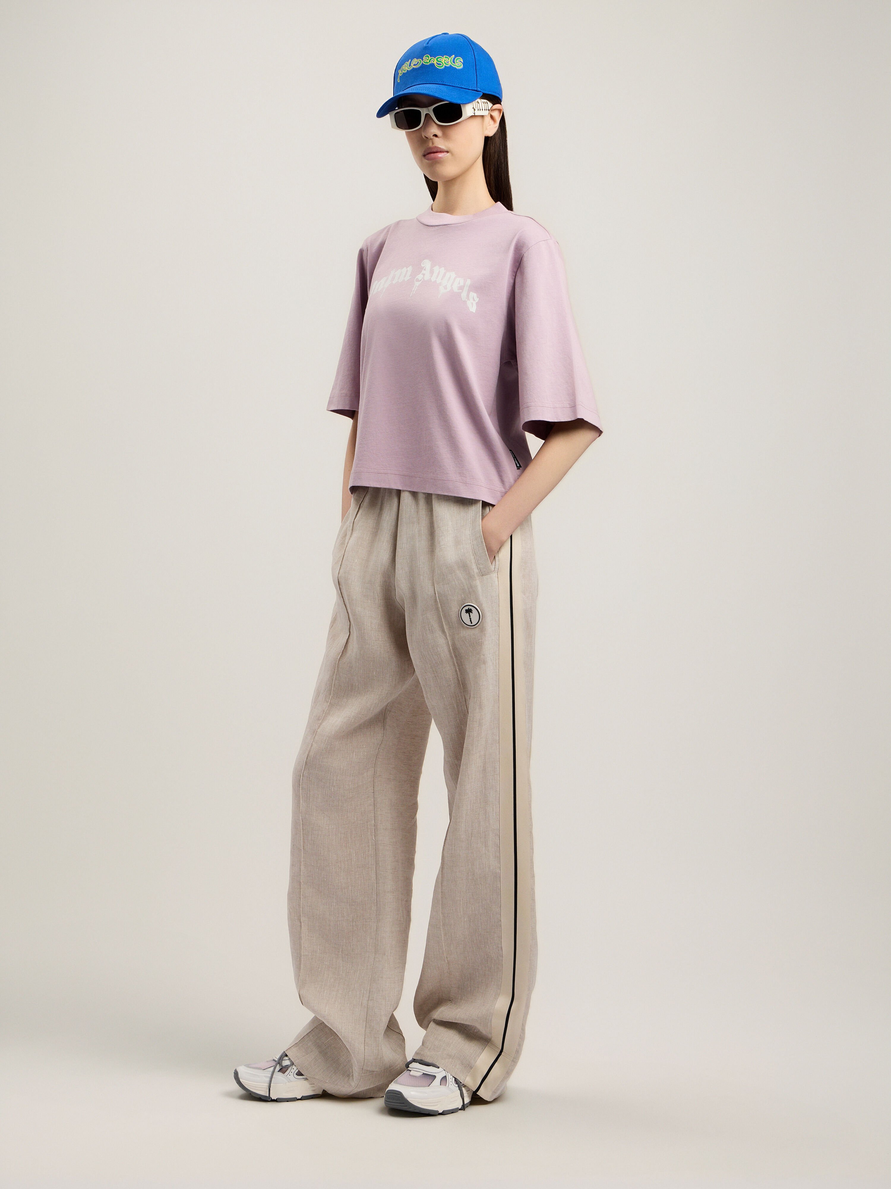 PALM ANGELS Curved Logo Boxy T-Shirt LILAC OFF WHITE PWAA079S26JER004