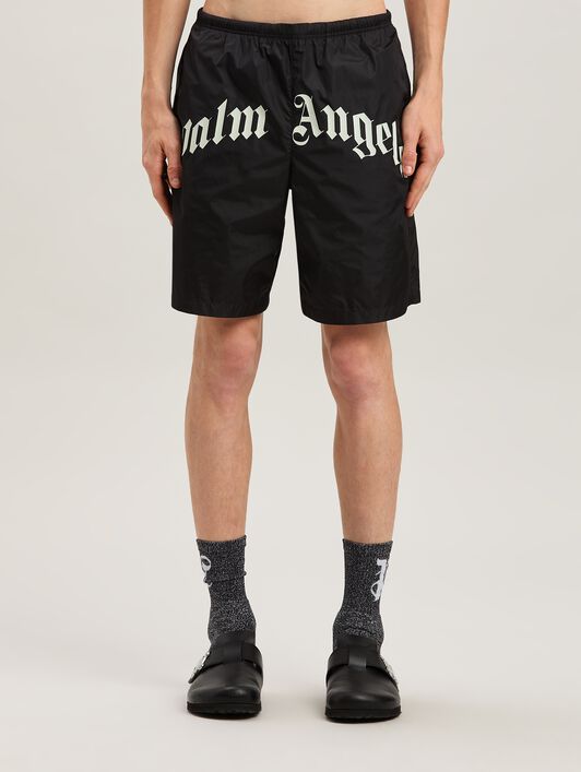 PALM ANGELS  Curved logo Swimshorts BLACK - OFF WHITE PMFD018S25FAB001