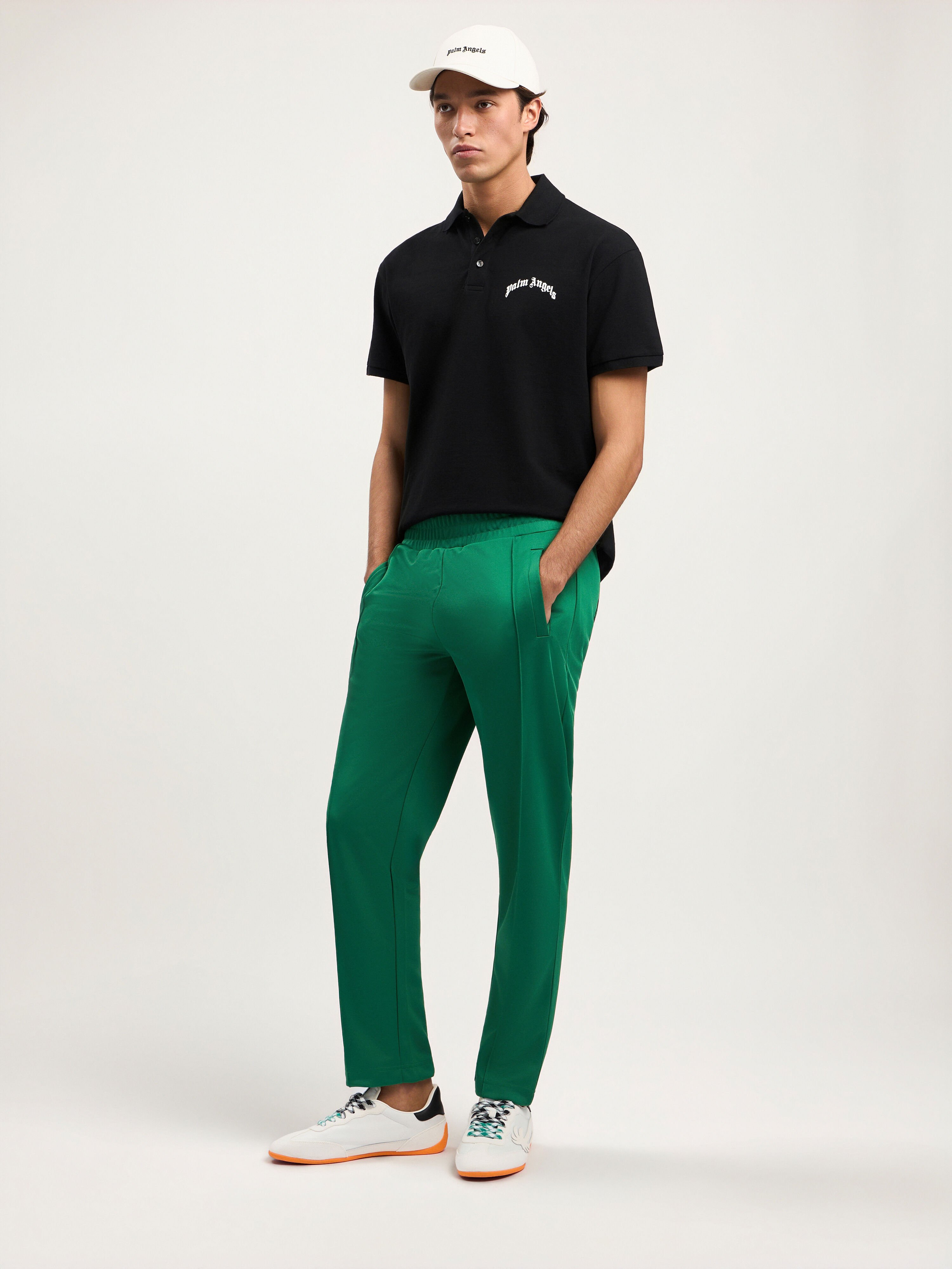 PALM ANGELS Back Curved Logo Track Pants GREEN BLACK PMCJ048S26FAB001