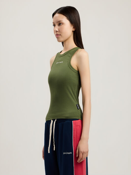 PALM ANGELS Classic Logo Fitted Tank Top MILITARY GREEN OFF WHITE PWAC024S26JER001