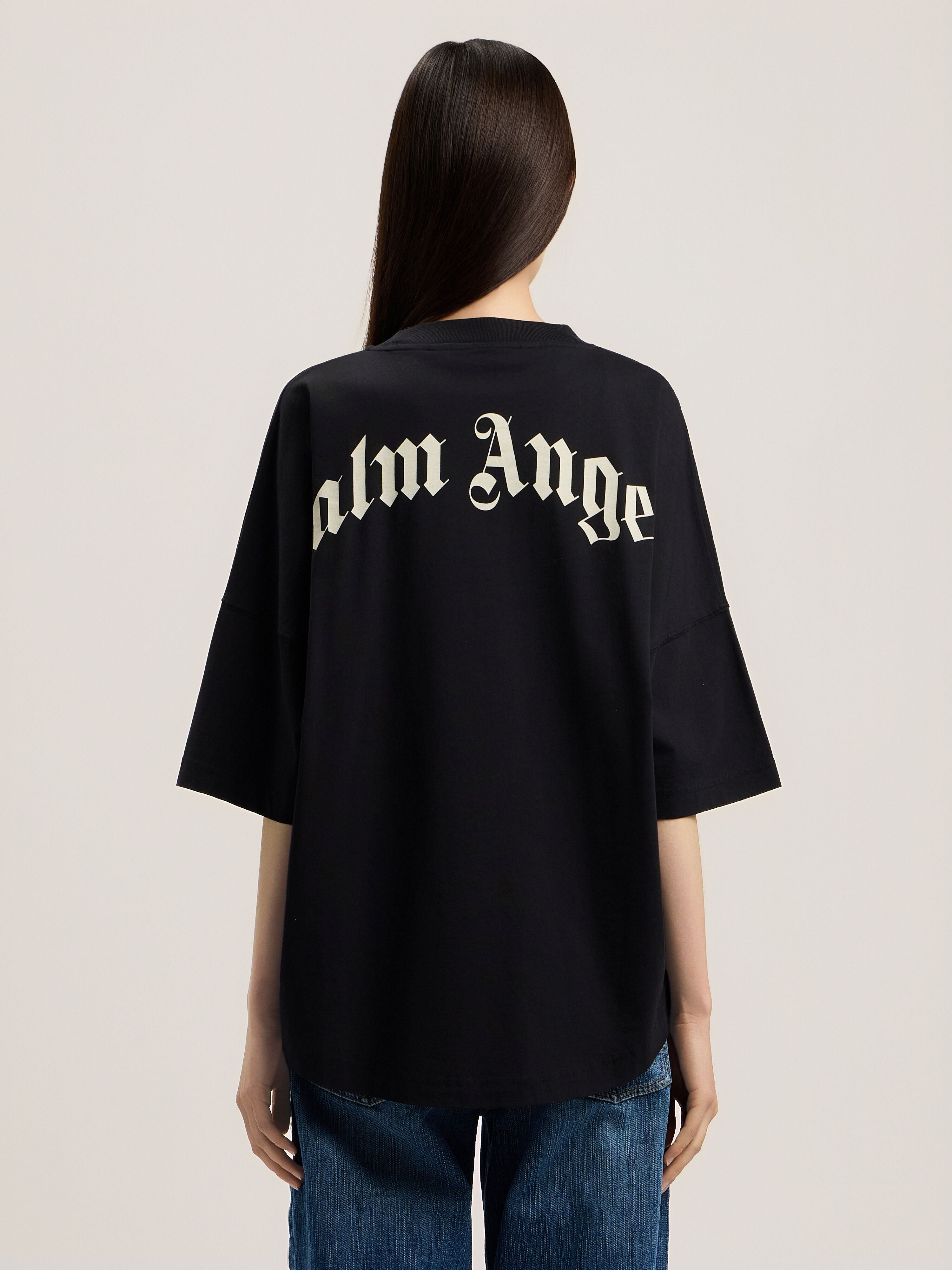 Curved Logo Over T-Shirt in BLACK TOFU for Women | Palm Angels®