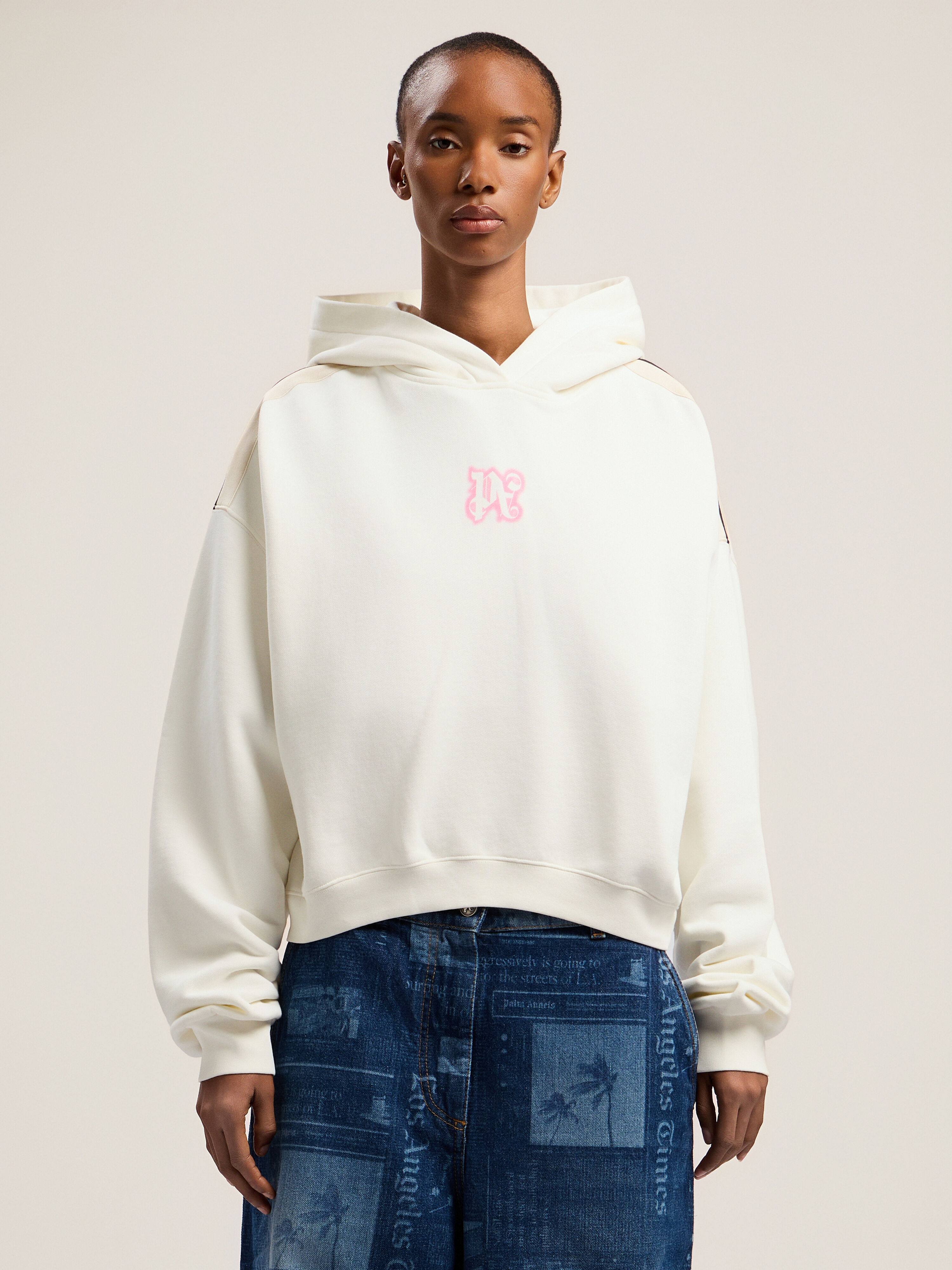 PALM ANGELS Classic Logo Neon Crop Hoody OFF WHITE - PINK PWBB076F25FLE007