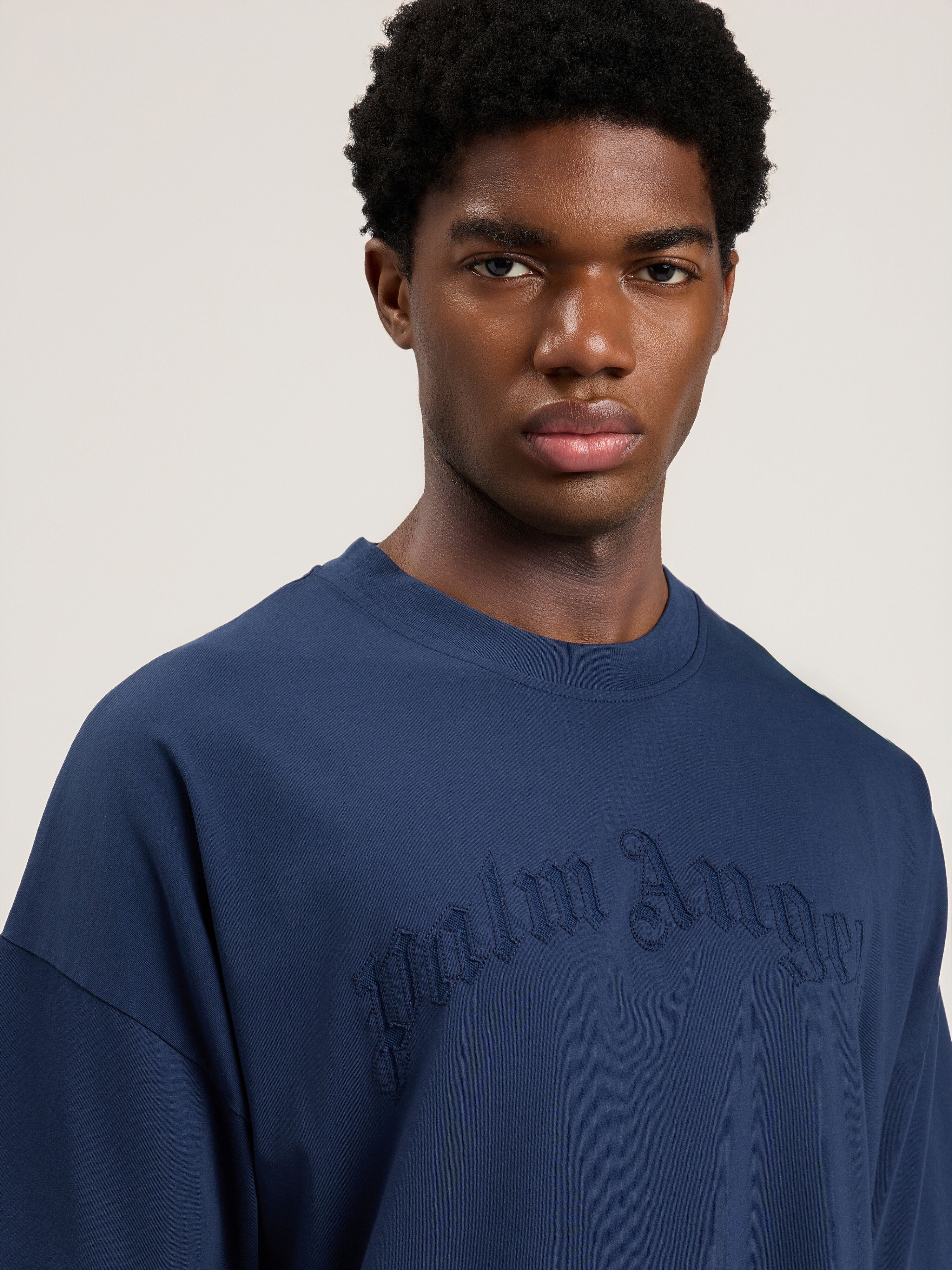 Curved Logo Loose Double T-Shirt PALM ANGELS Curved Logo Loose Double T-Shirt NAVY BLUE NAVY BLUE PMAA10QS26JER001