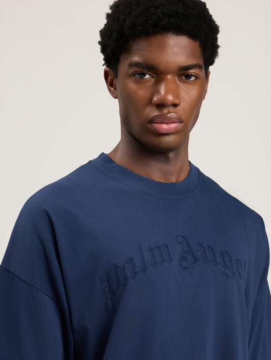 Curved Logo Loose Double T-Shirt PALM ANGELS Curved Logo Loose Double T-Shirt NAVY BLUE NAVY BLUE PMAA10QS26JER001