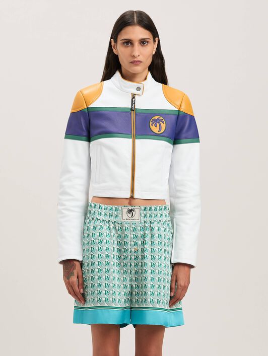 PALM ANGELS  Racing leather jacket OFF WHITE - BLUE PWJG019S25LEA001