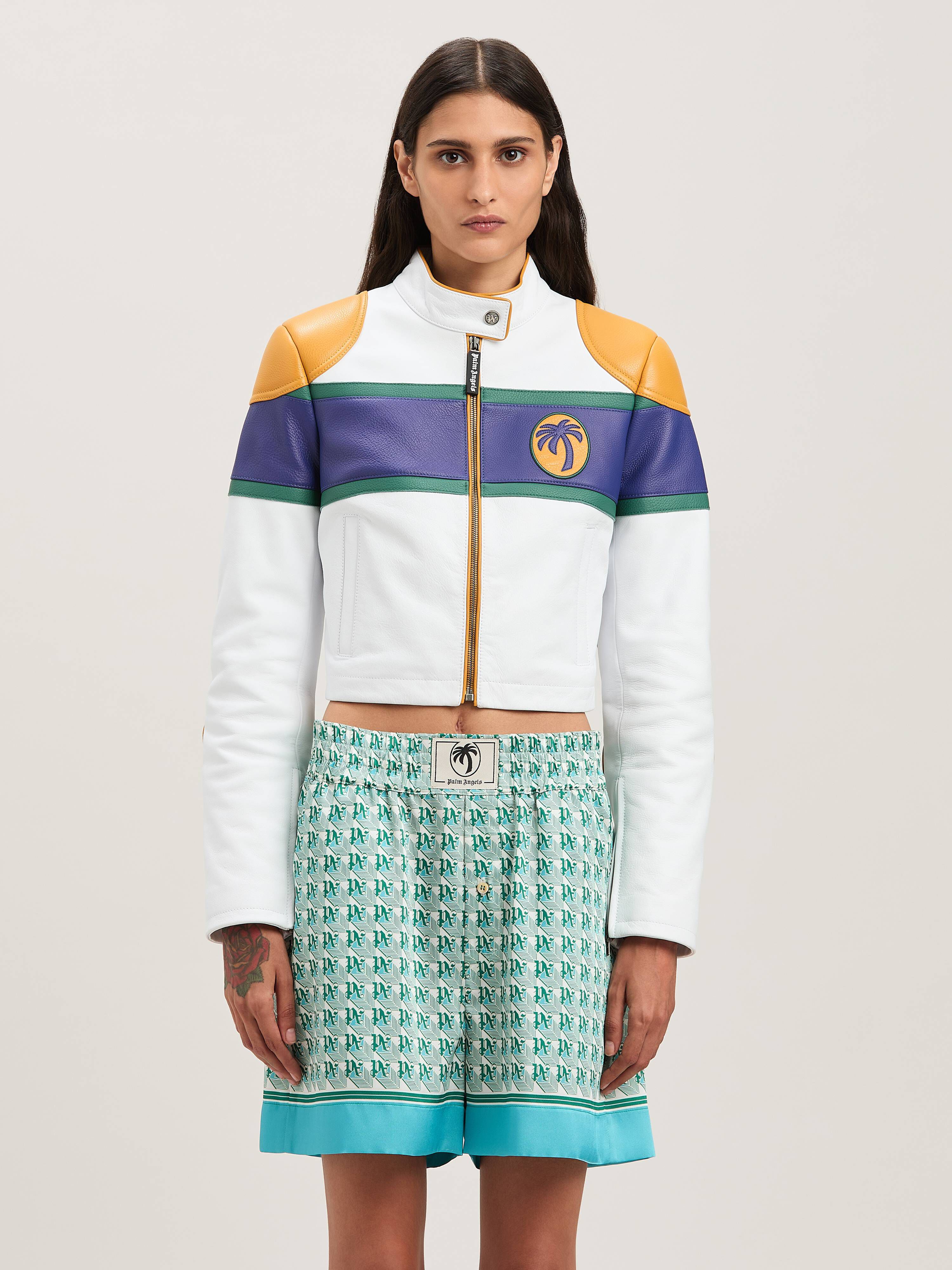 PALM ANGELS  Racing leather jacket OFF WHITE - BLUE PWJG019S25LEA001