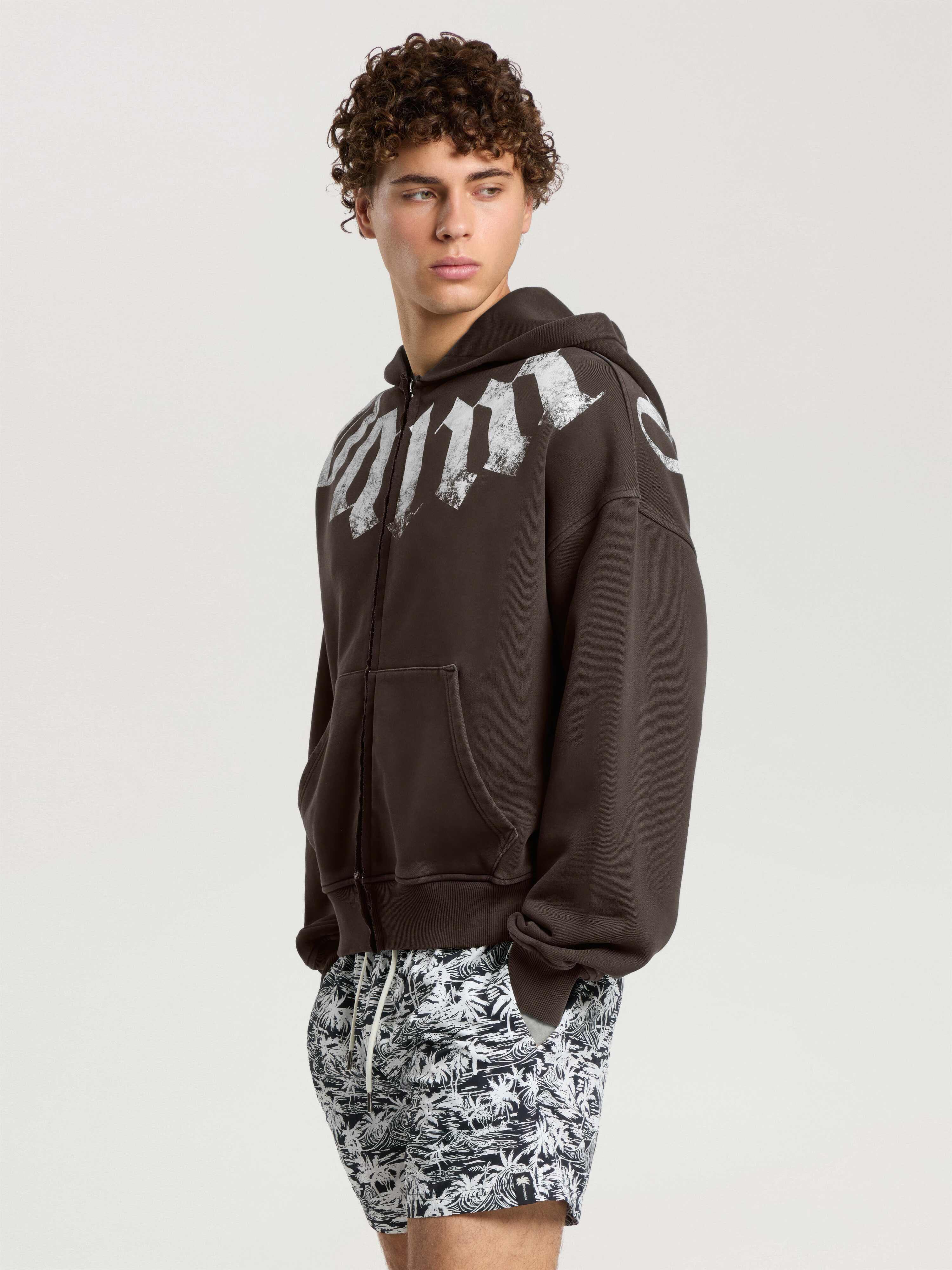 PALM ANGELS Big Neck Logo Zip Loose Hoodie BROWN - OFF WHITE PAMBE02F26FL01