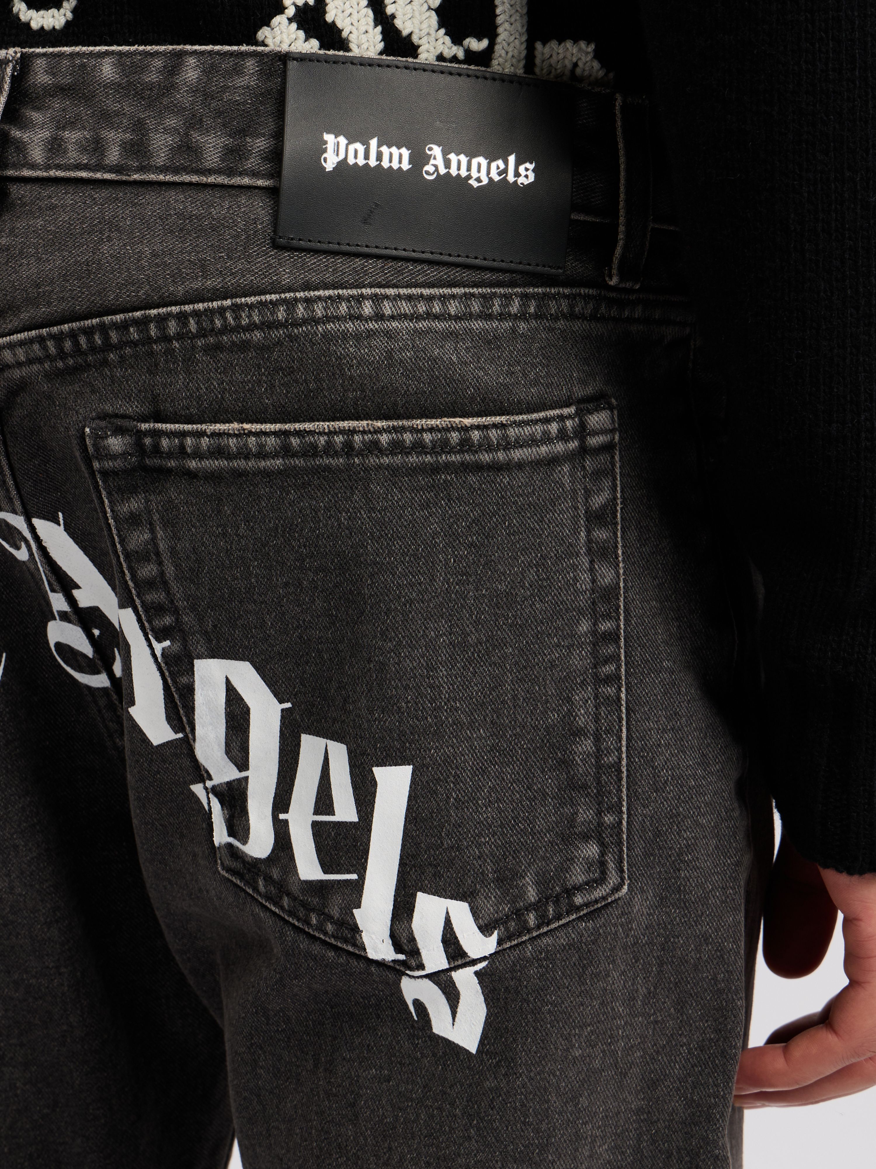 PALM ANGELS Curved Logo Denim Jeans BLACK WHITE PMYA012C99DEN001