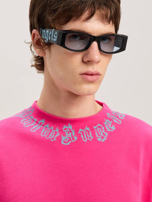 PALM ANGELS  Flame logo T-shirt FUCHSIA - LIGHT BLUE PMAA001S25JER002