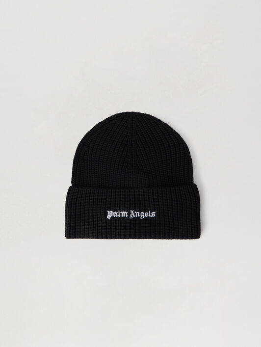 PALM ANGELS Classic Logo Ribbed Beanie BLACK OFF WHITE PMLC030S26KNI002