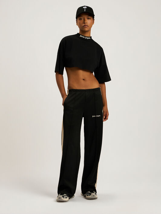PALM ANGELS Back Curved Logo Cropped T-Shirt BLACK - CREAM PAWAA01F26JR01