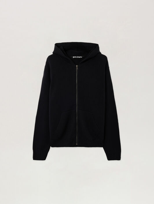 PALM ANGELS Back Curved Logo Knit Hoodie BLACK OFF WHITE PMHU02CS26KNI001