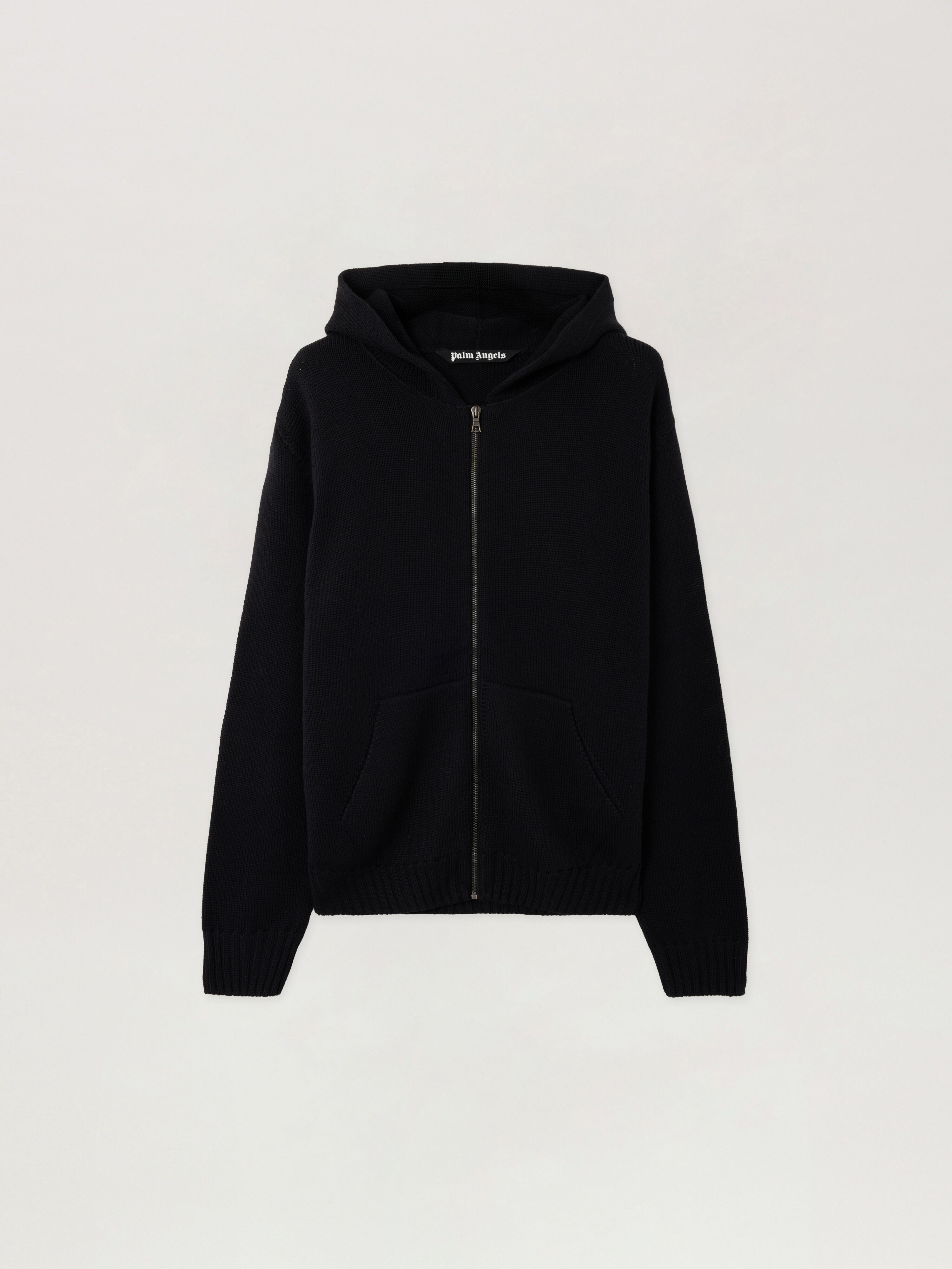 PALM ANGELS Back Curved Logo Knit Hoodie BLACK OFF WHITE PMHU02CS26KNI001