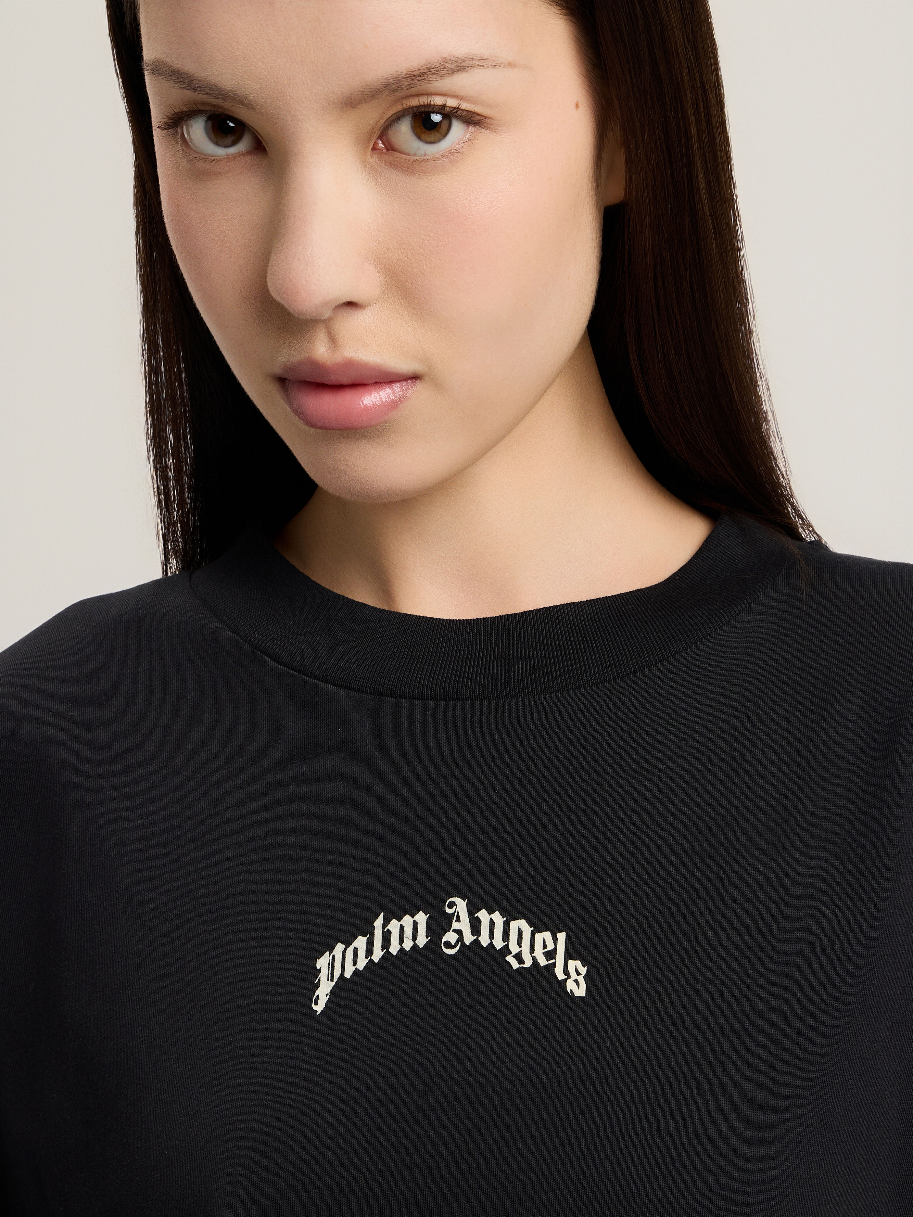 Curved Logo Over T-Shirt in BLACK TOFU for Women | Palm Angels®