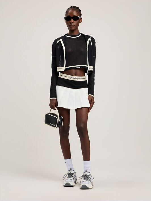 PALM ANGELS Logo Mesh Cropped Top BLACK OFF WHITE PWAD07FS26FAB001
