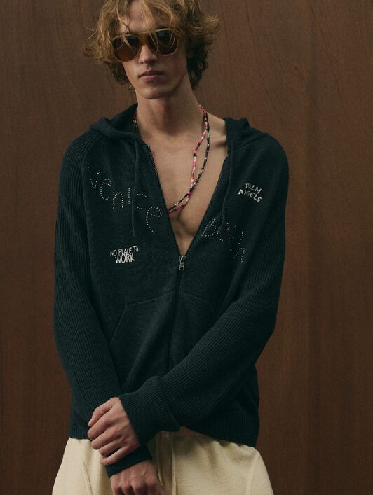 PALM ANGELS Surfer Dreams Knit Zip-Up Hoodie BLACK - OFF WHITE PAMHU03F26KN01