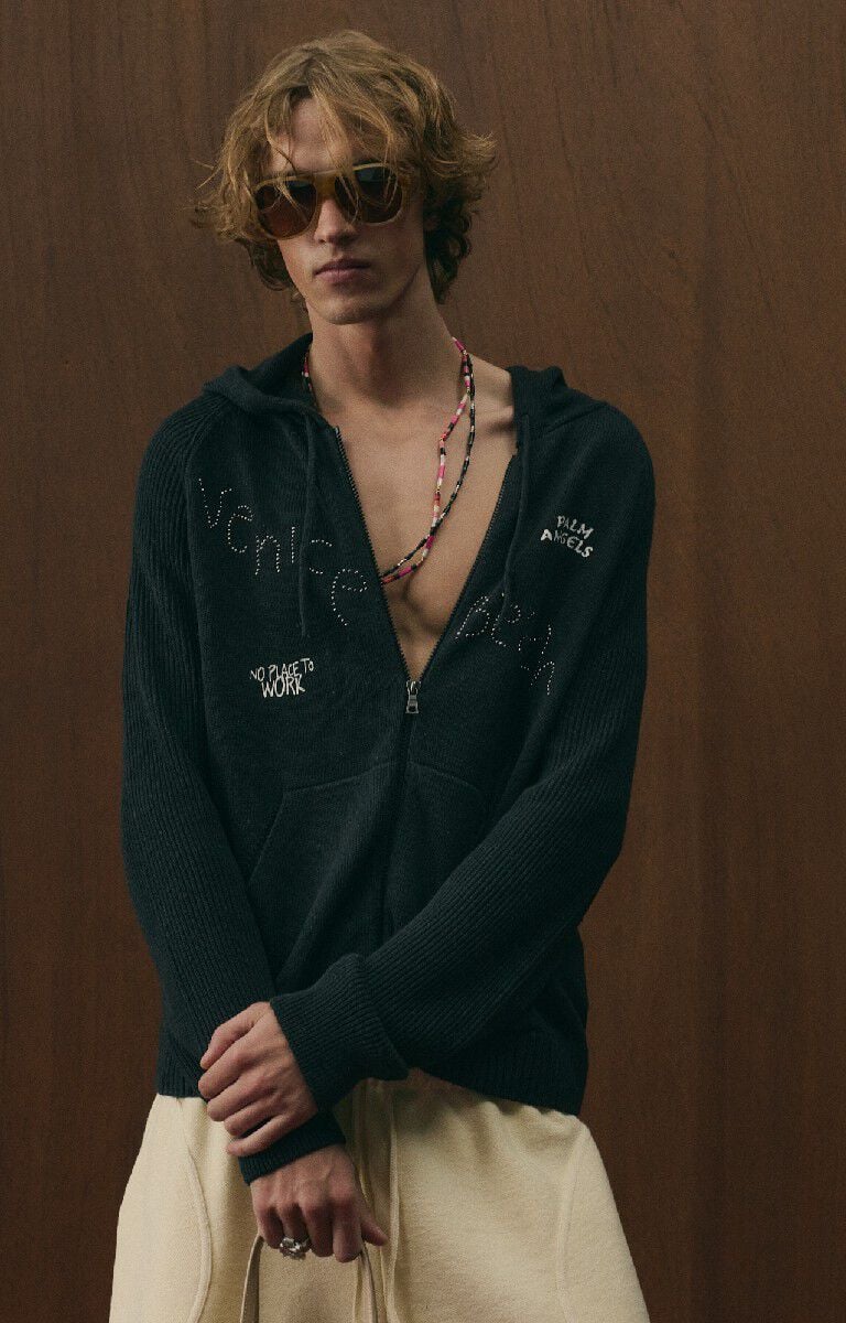 PALM ANGELS Surfer Dreams Knit Zip-Up Hoodie BLACK - OFF WHITE PAMHU03F26KN01