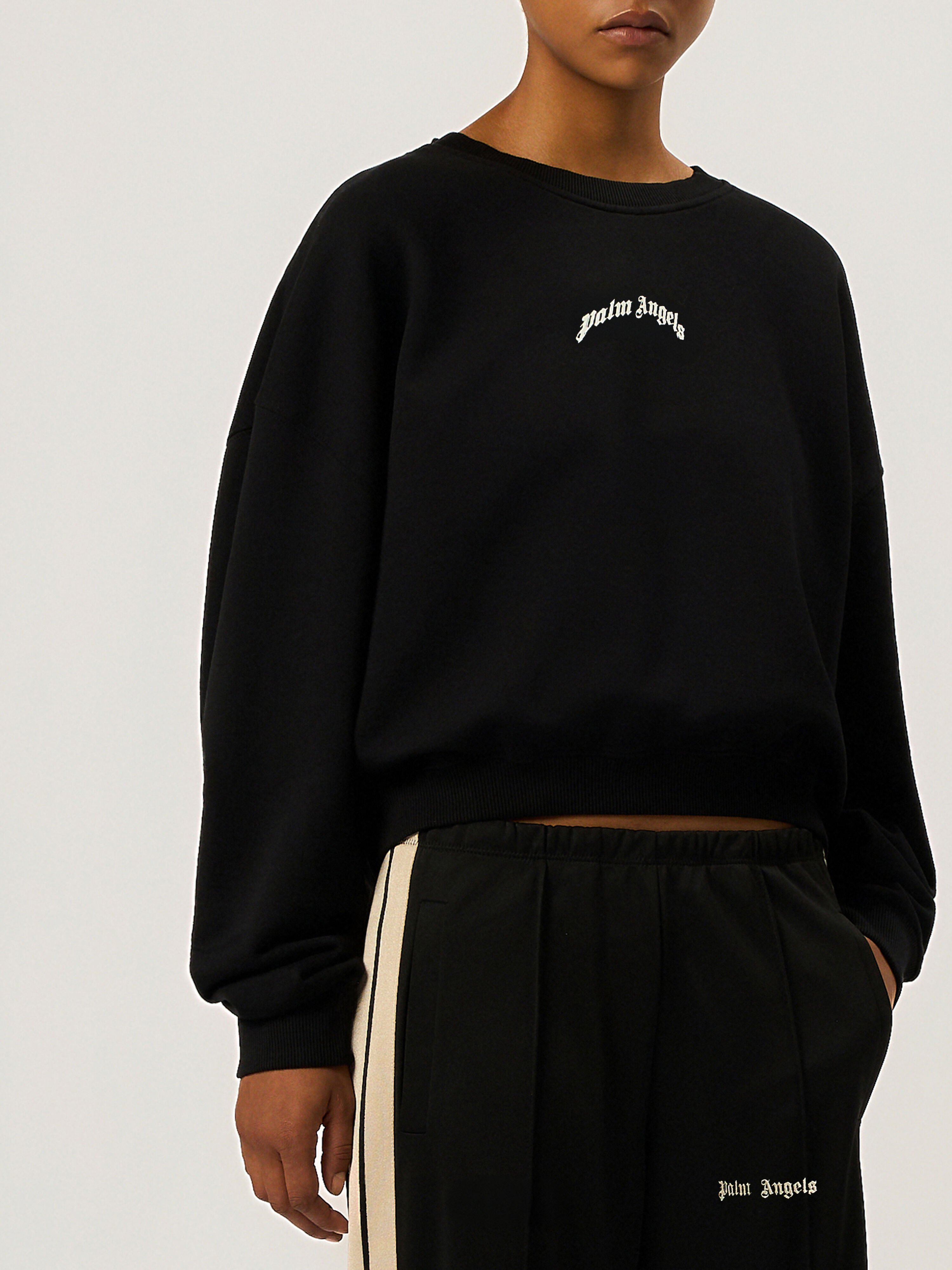 PALM ANGELS Curved Logo Loose Crewneck Sweatshirt BLACK - CREAM PAWBA03F26FL01