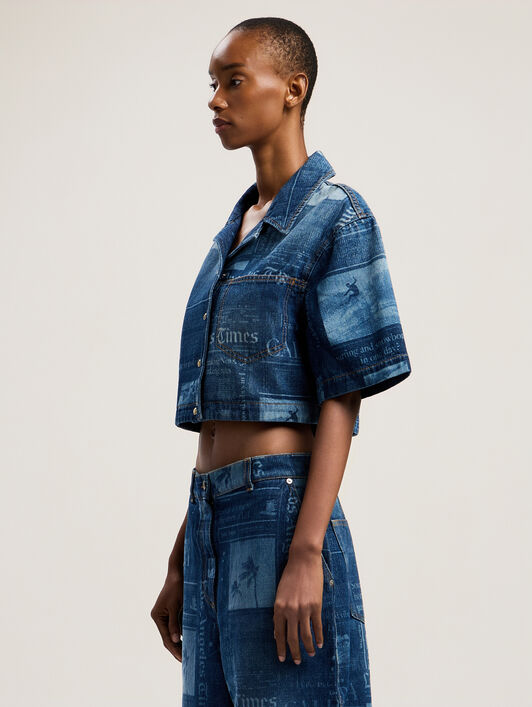 PALM ANGELS Newspaper Print Denim Shirt MEDIUM BLUE - DUSTY BLUE PWYD022F25DEN001