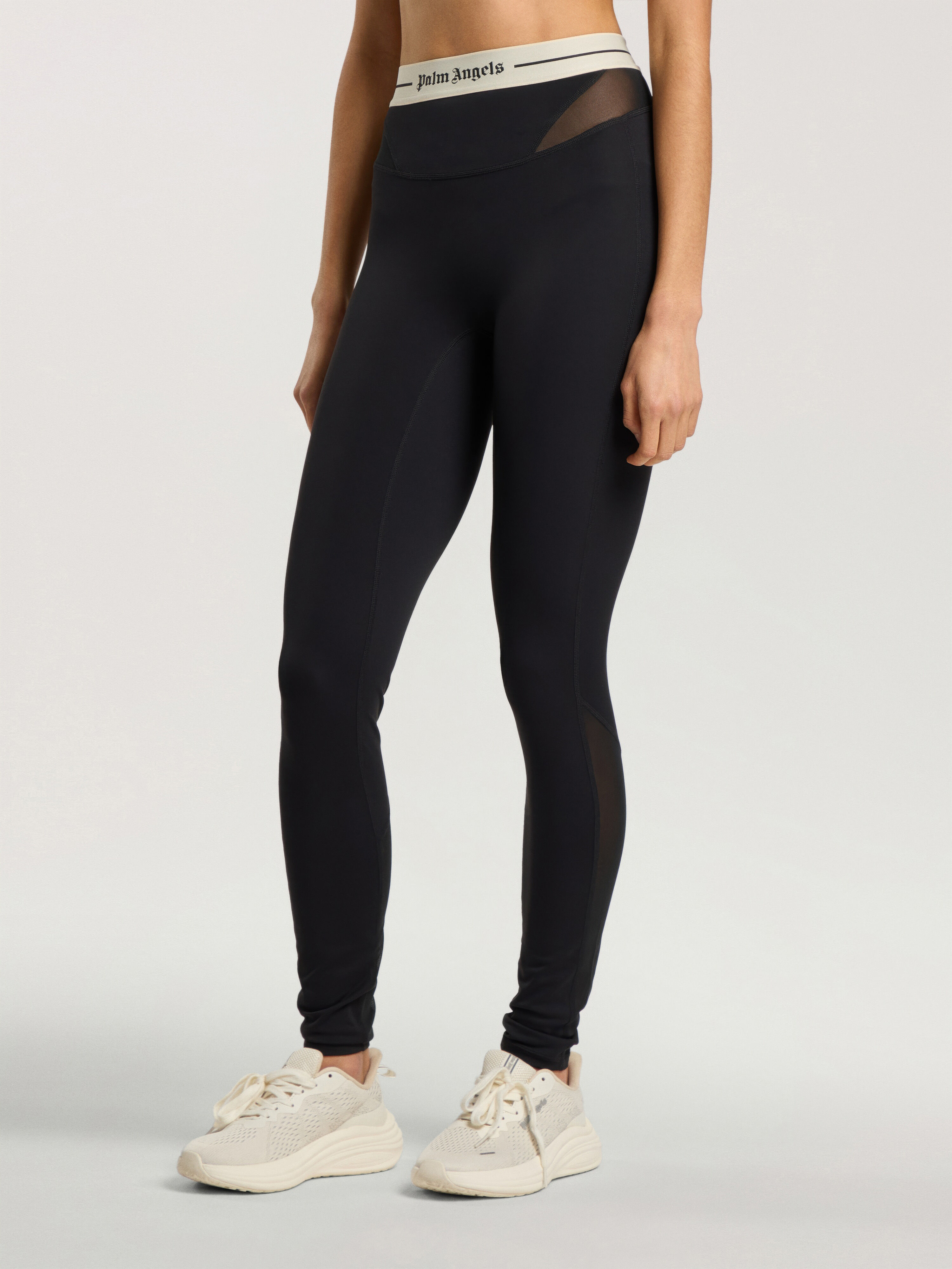 Logo Mesh Panel Active Leggings PALM ANGELS Logo Mesh Panel Active Leggings BLACK - CREAM PAWVK03F26FB01