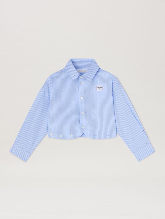 PALM ANGELS  Rheinstone striped cropped shirt DUSTY BLUE - WHITE PGGE006S25FAB001