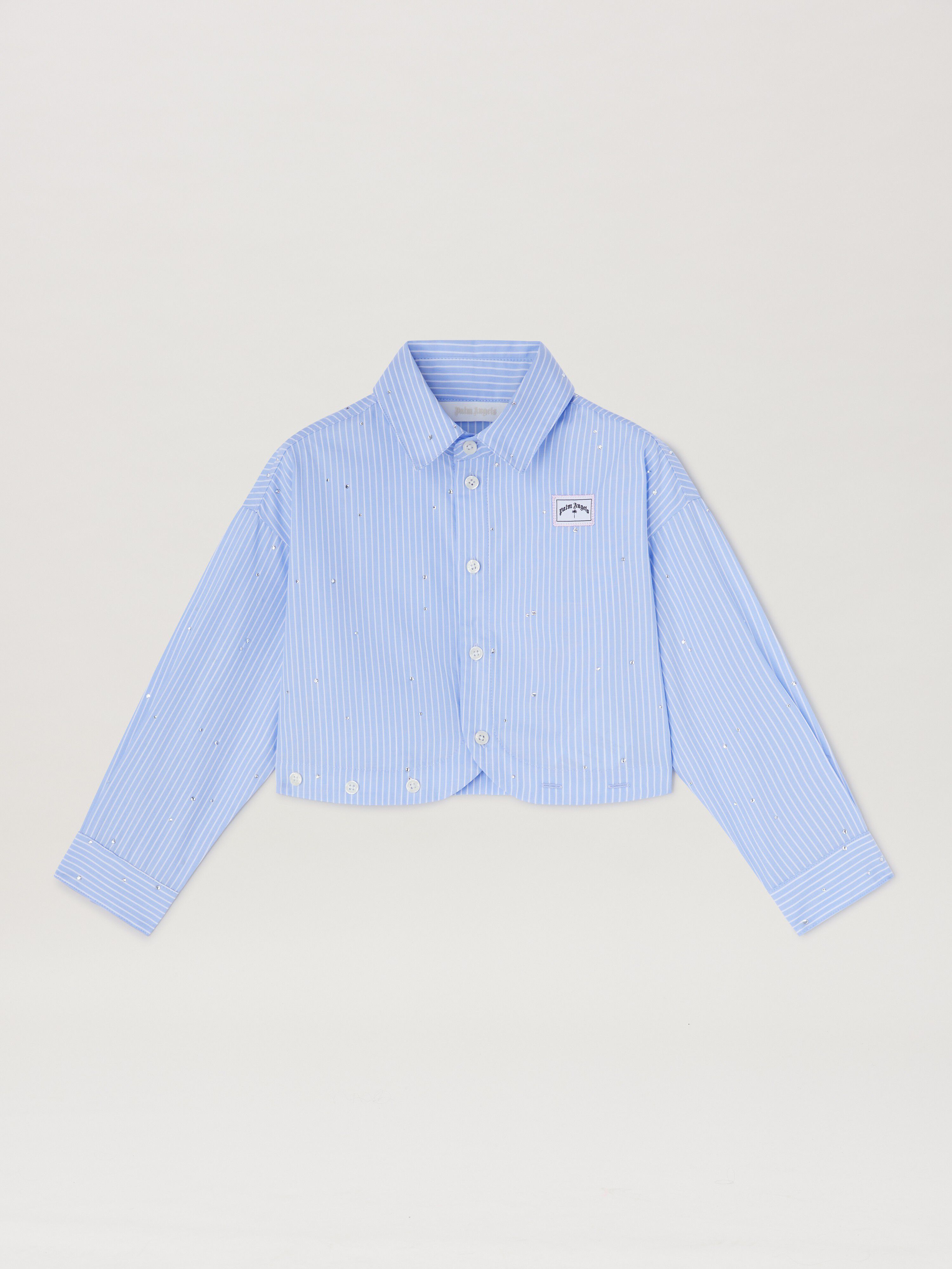 PALM ANGELS  Rheinstone striped cropped shirt DUSTY BLUE - WHITE PGGE006S25FAB001