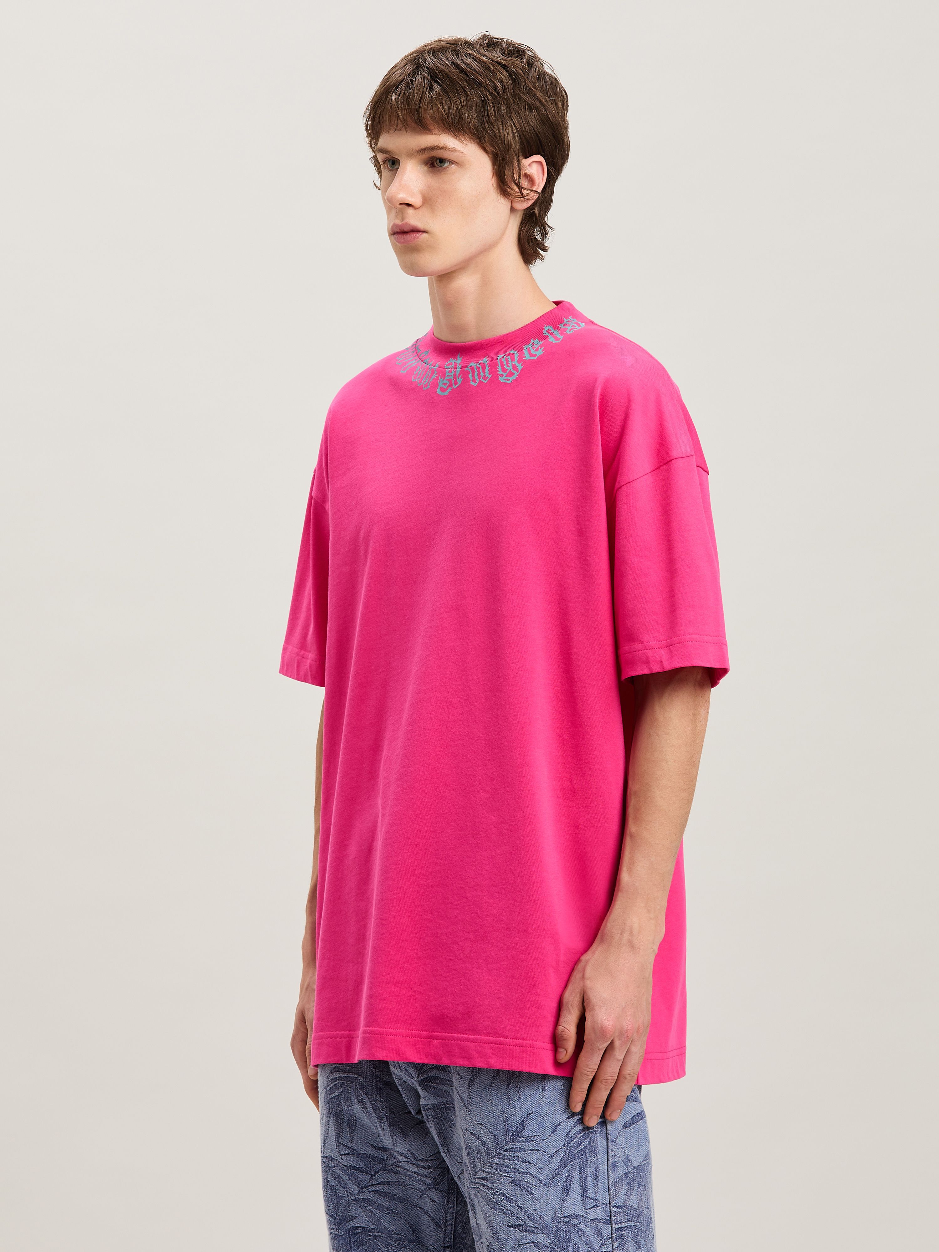 PALM ANGELS  Flame logo T-shirt FUCHSIA - LIGHT BLUE PMAA001S25JER002