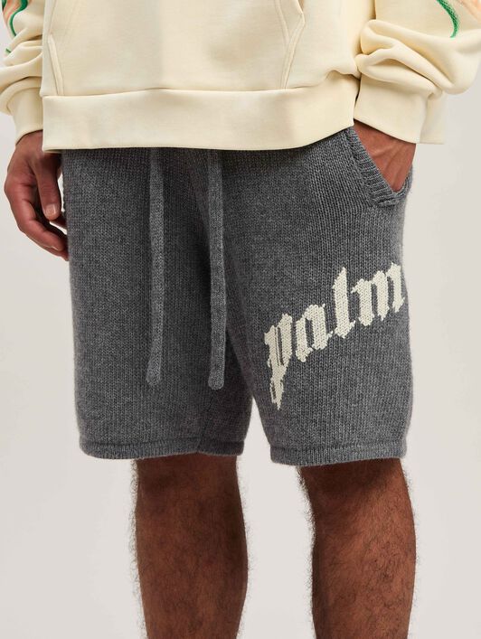 PALM ANGELS  Curved logo embroidered knit shorts GREY MELANGE - OFF WHITE PMHM011S25KNI001
