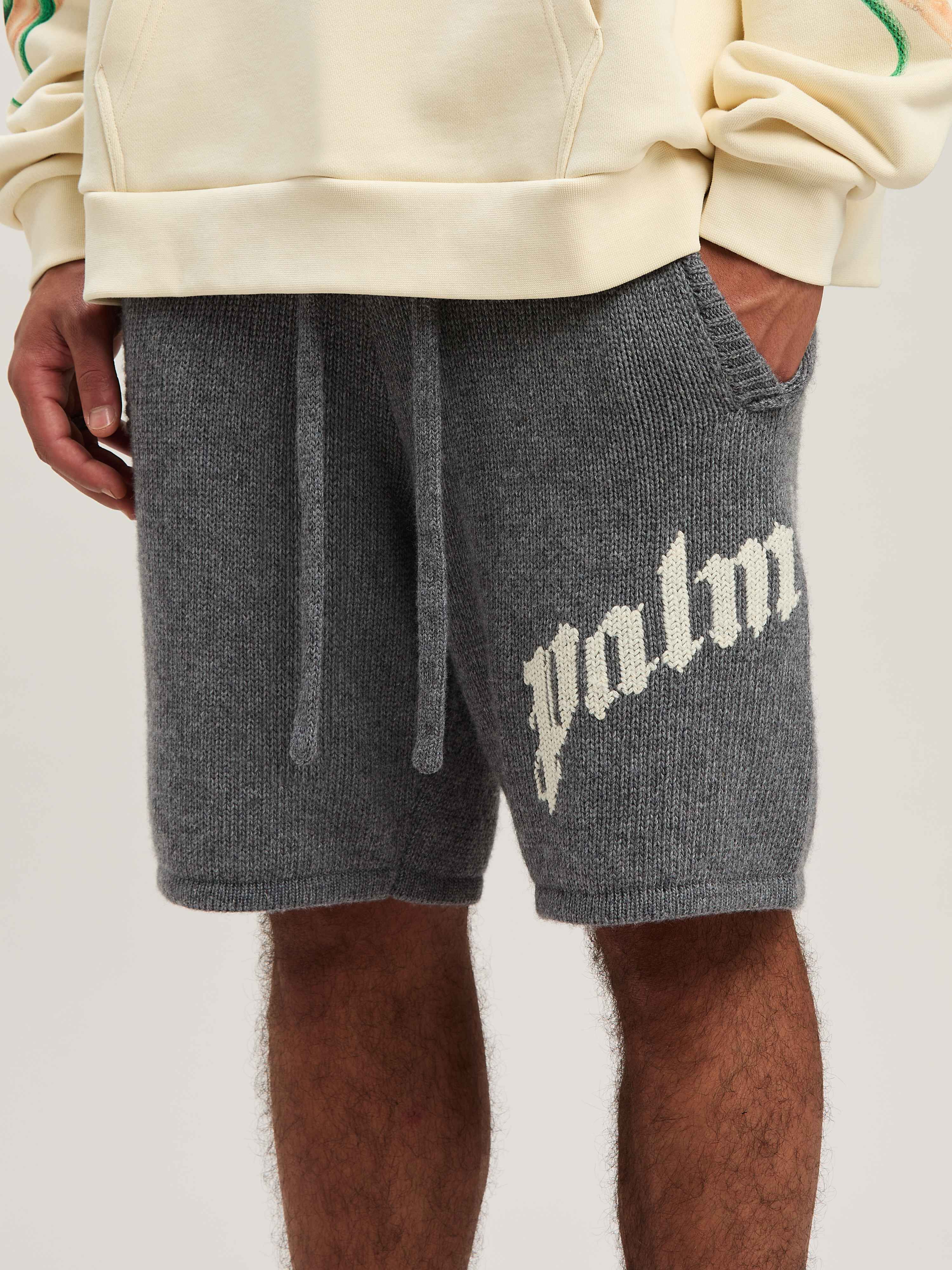 PALM ANGELS  Curved logo embroidered knit shorts GREY MELANGE - OFF WHITE PMHM011S25KNI001