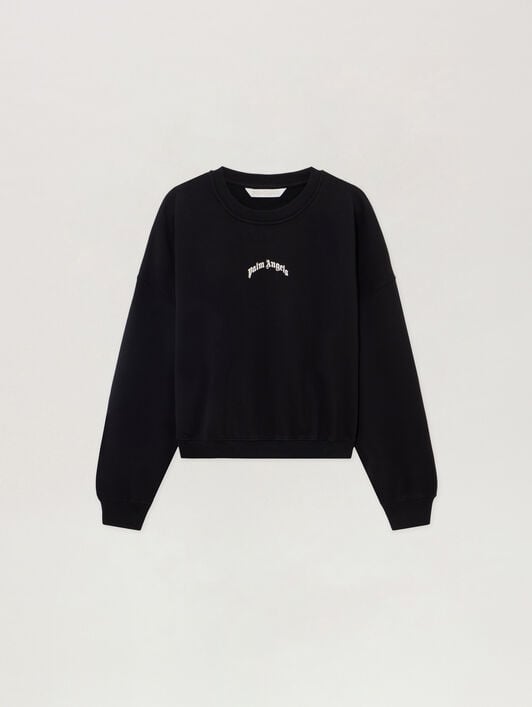 PALM ANGELS Curved Logo Loose Crewneck Sweatshirt BLACK - CREAM PAWBA03F26FL01