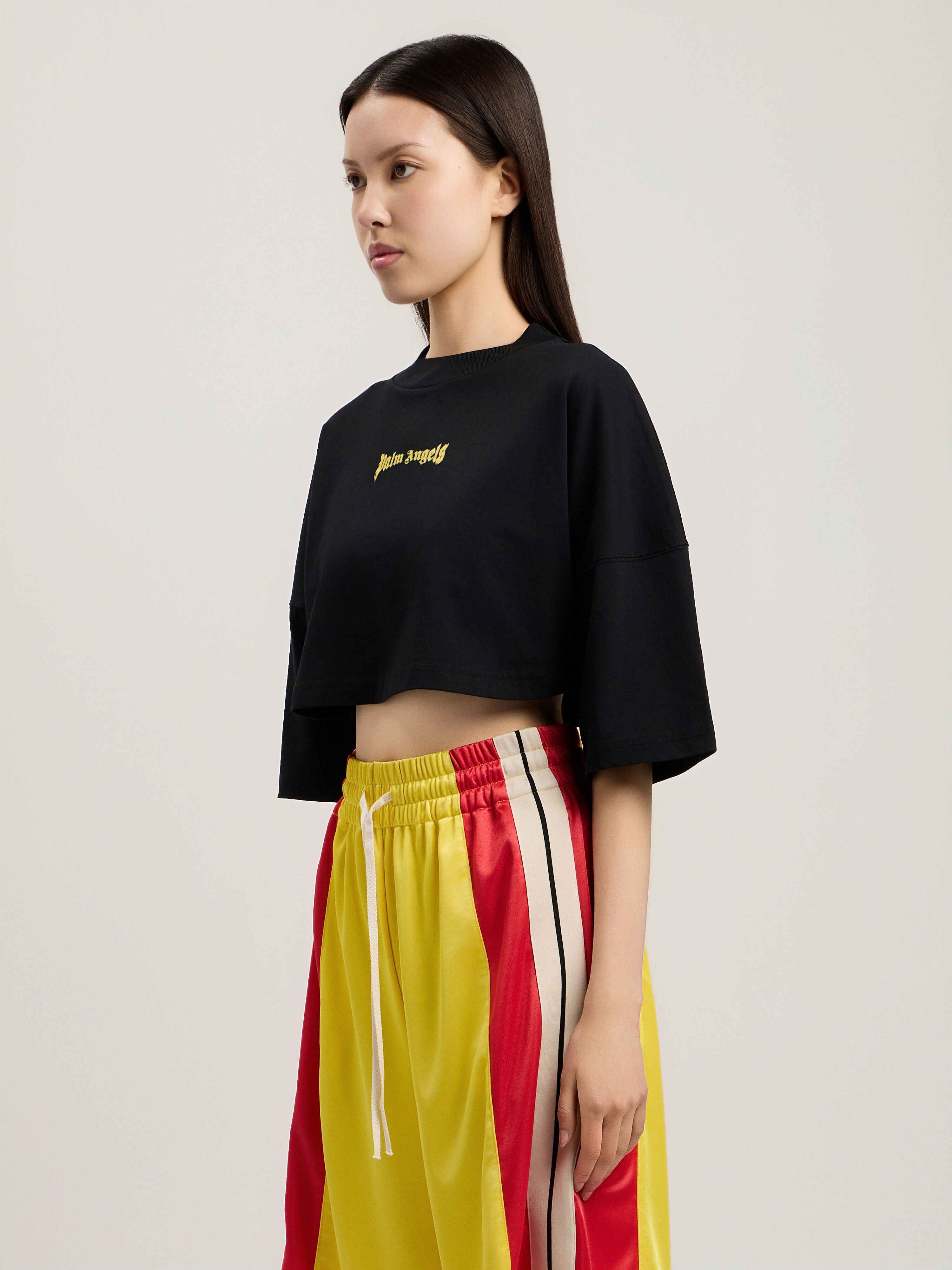 PALM ANGELS Outline Logo Mini T-Shirt BLACK YELLOW PWAA054S26JER003