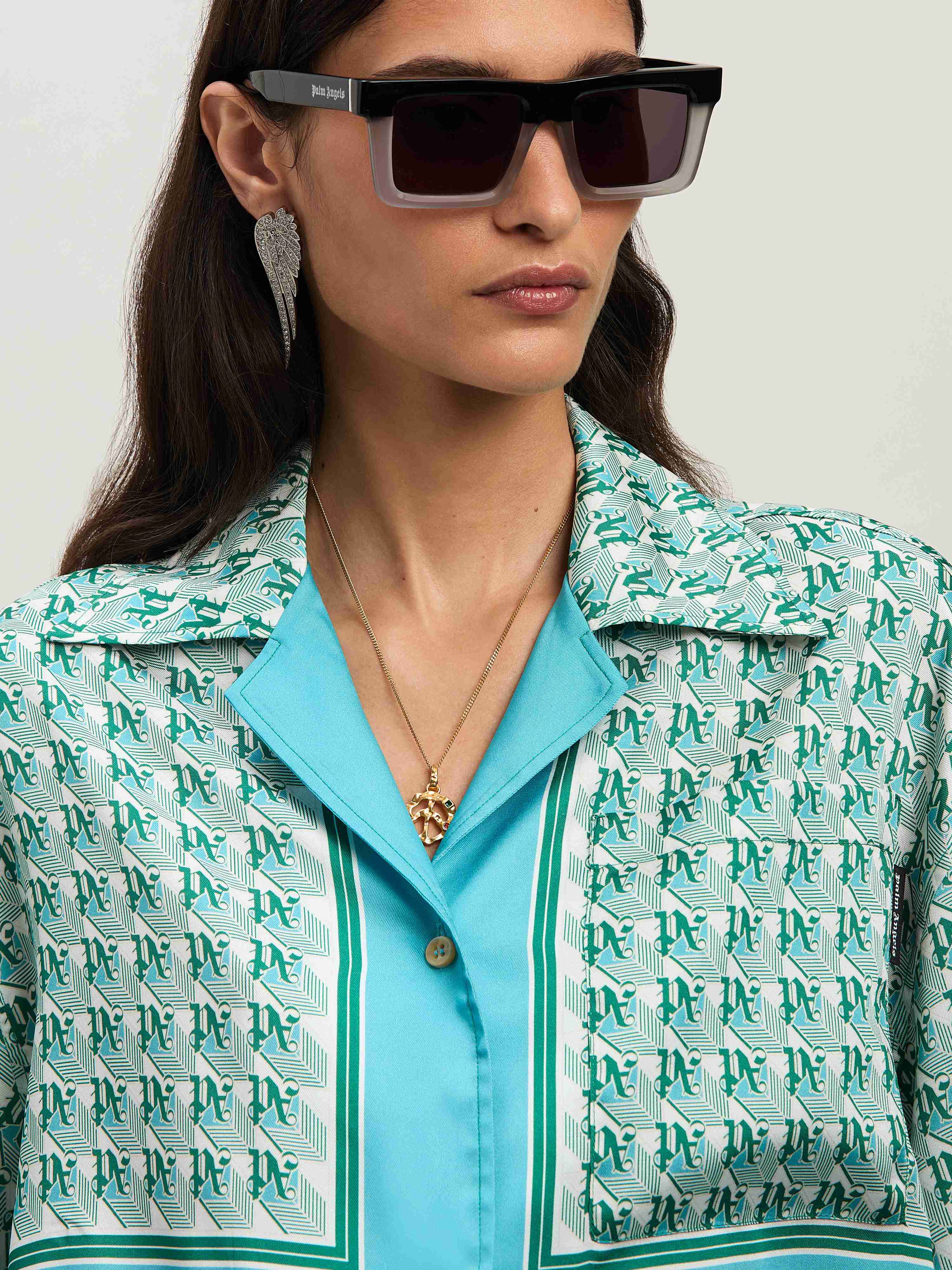 PALM ANGELS  PA Diamond cropped shirt GREEN - IVORY PWGG003S25FAB001