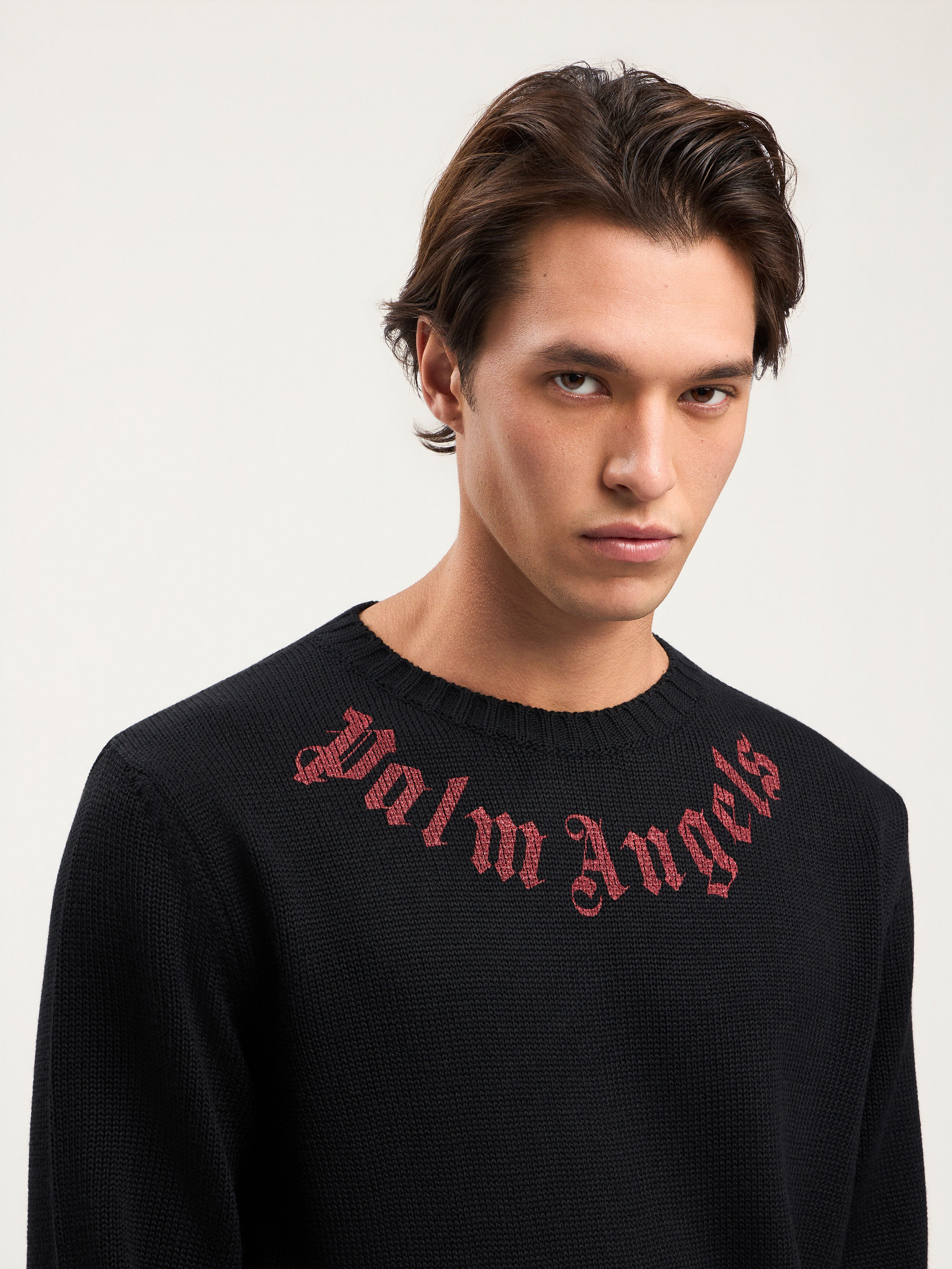 Curved Logo Knit Sweater in BLACK RED for Men | Palm Angels®