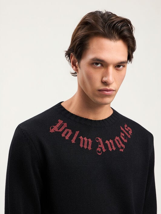 PALM ANGELS Curved Logo Knit Sweater BLACK RED PMHE08BS26KNI001