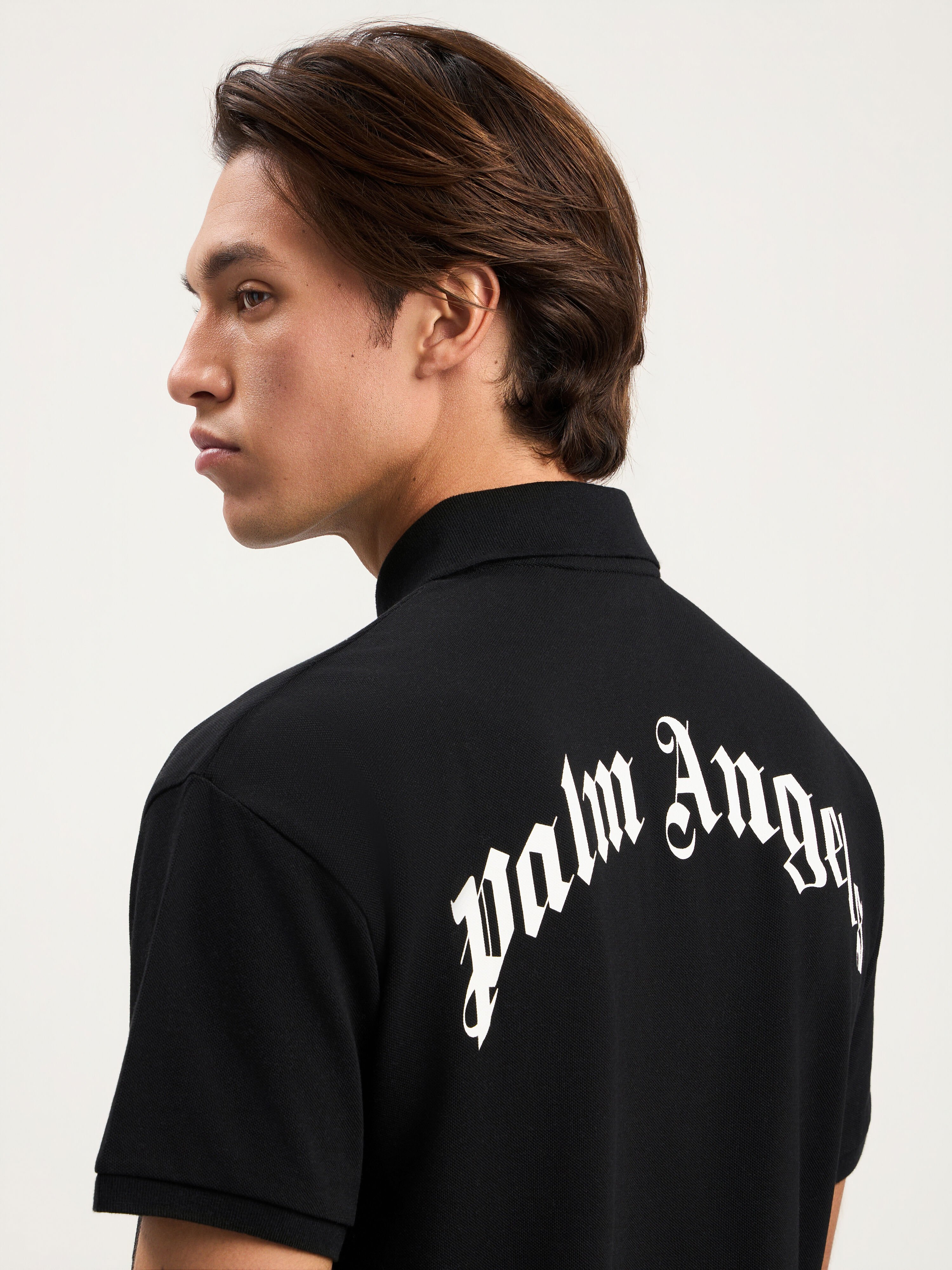 PALM ANGELS Curved Logo Polo Shirt BLACK OFF WHITE PMGB012S26FAB005