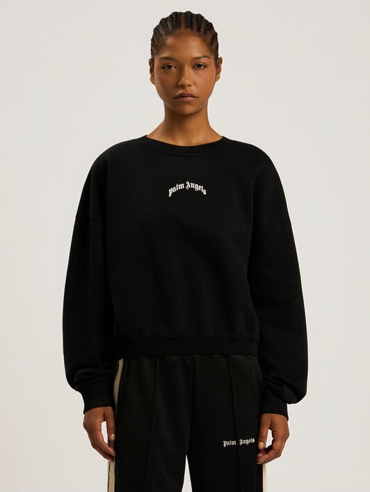 PALM ANGELS Curved Logo Loose Crewneck Sweatshirt BLACK - CREAM PAWBA03F26FL01