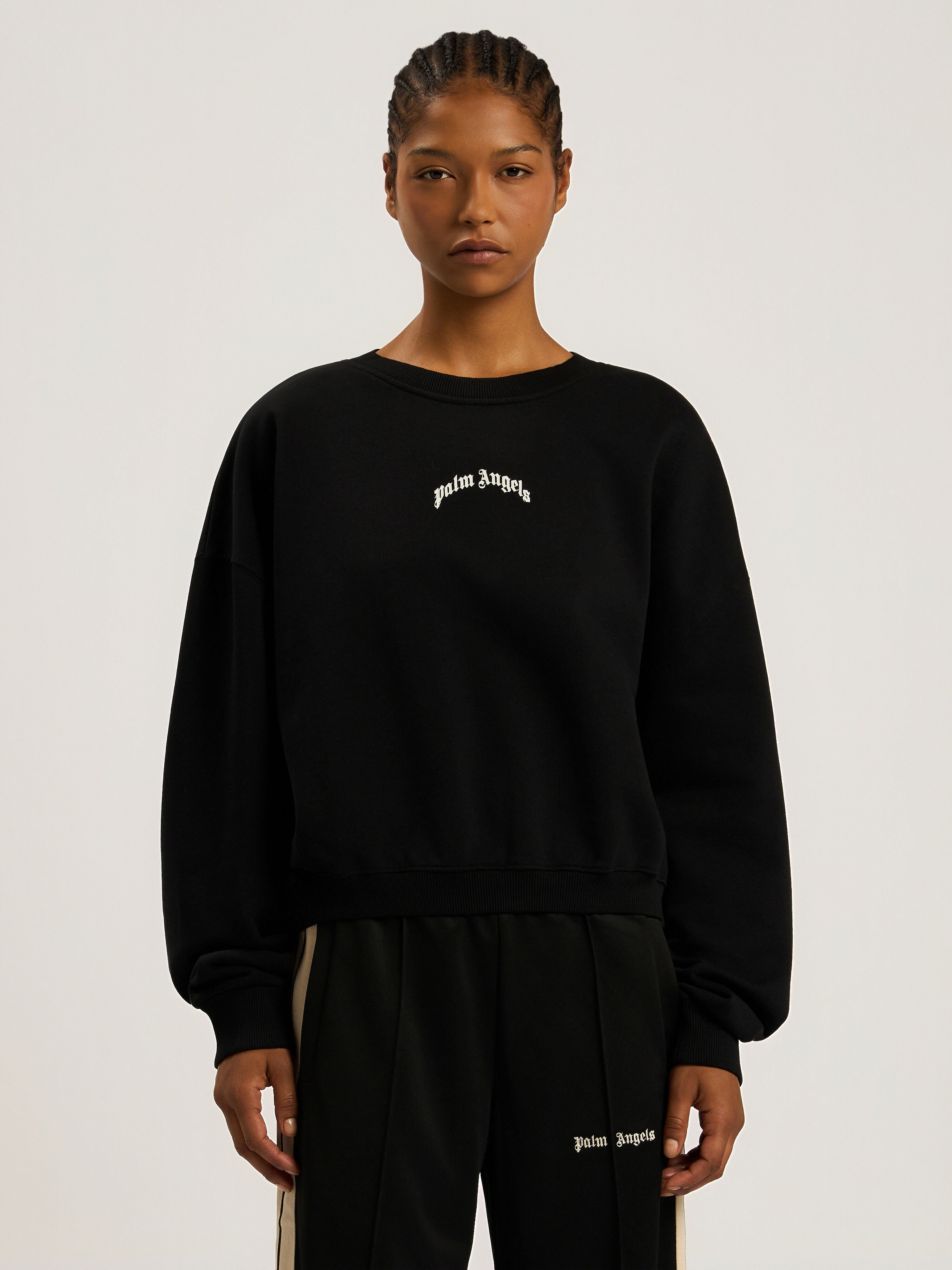 PALM ANGELS Curved Logo Loose Crewneck Sweatshirt BLACK - CREAM PAWBA03F26FL01