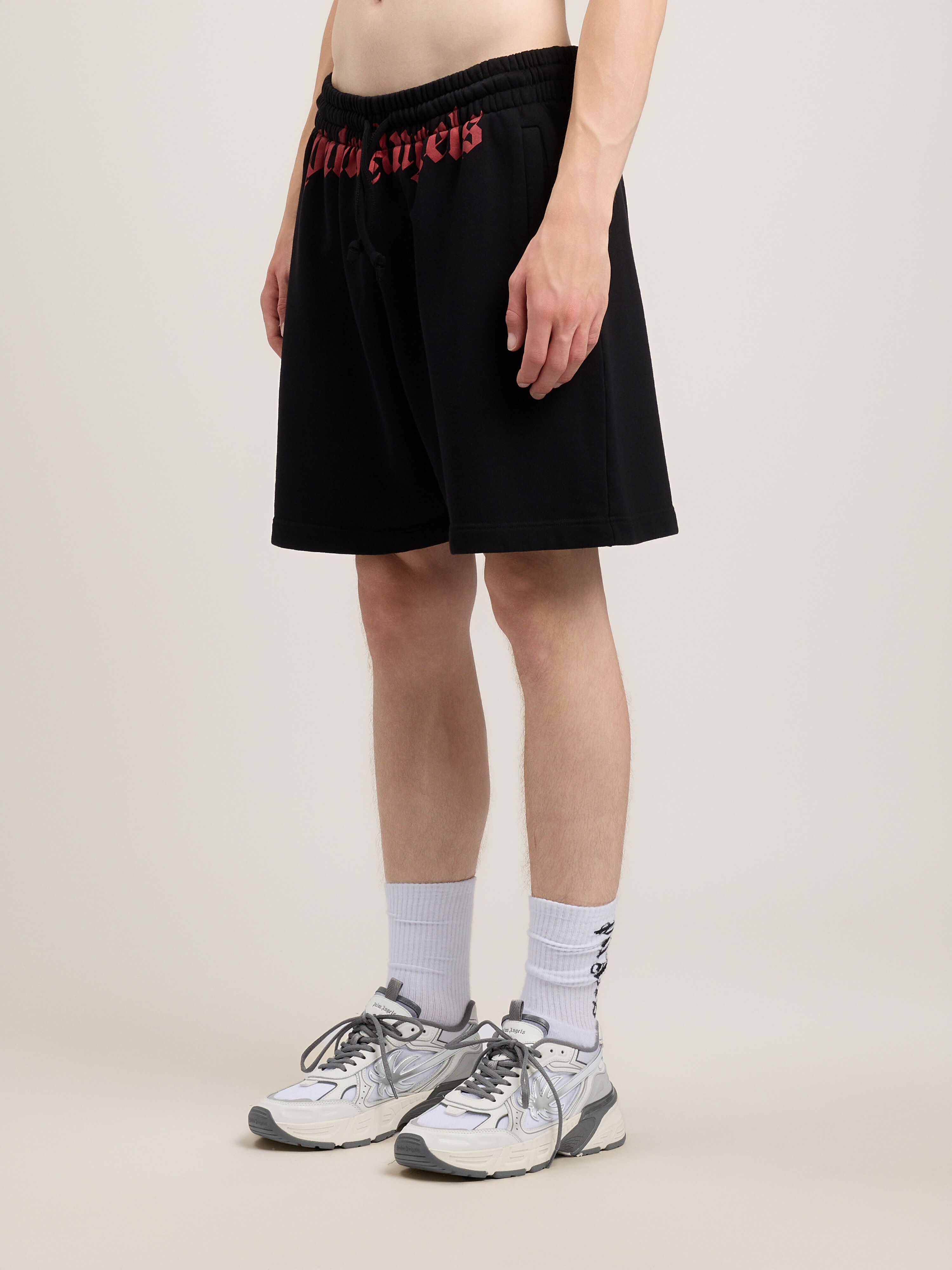 PALM ANGELS Waist Logo Sweatshorts BLACK RED PMCI019S26FLE001