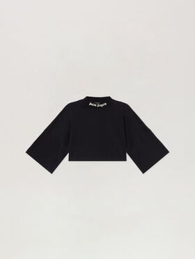 PALM ANGELS Back Curved Logo Cropped T-Shirt BLACK - CREAM PAWAA01F26JR01