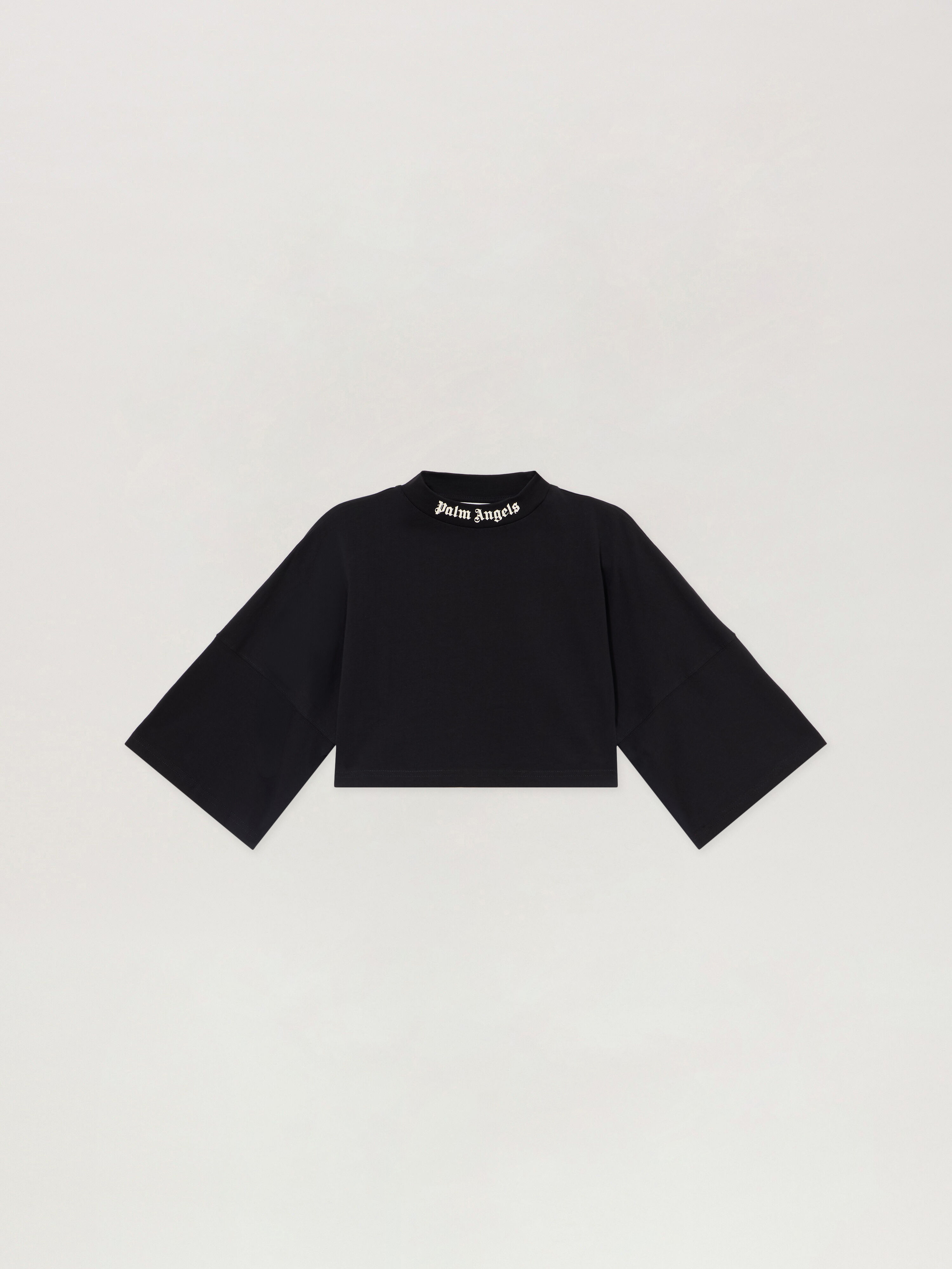 Back Curved Logo Cropped T-Shirt PALM ANGELS Back Curved Logo Cropped T-Shirt BLACK - CREAM PAWAA01F26JR01