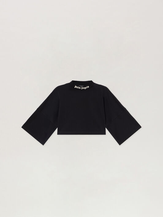 Back Curved Logo Cropped T-Shirt PALM ANGELS Back Curved Logo Cropped T-Shirt BLACK - CREAM PAWAA01F26JR01