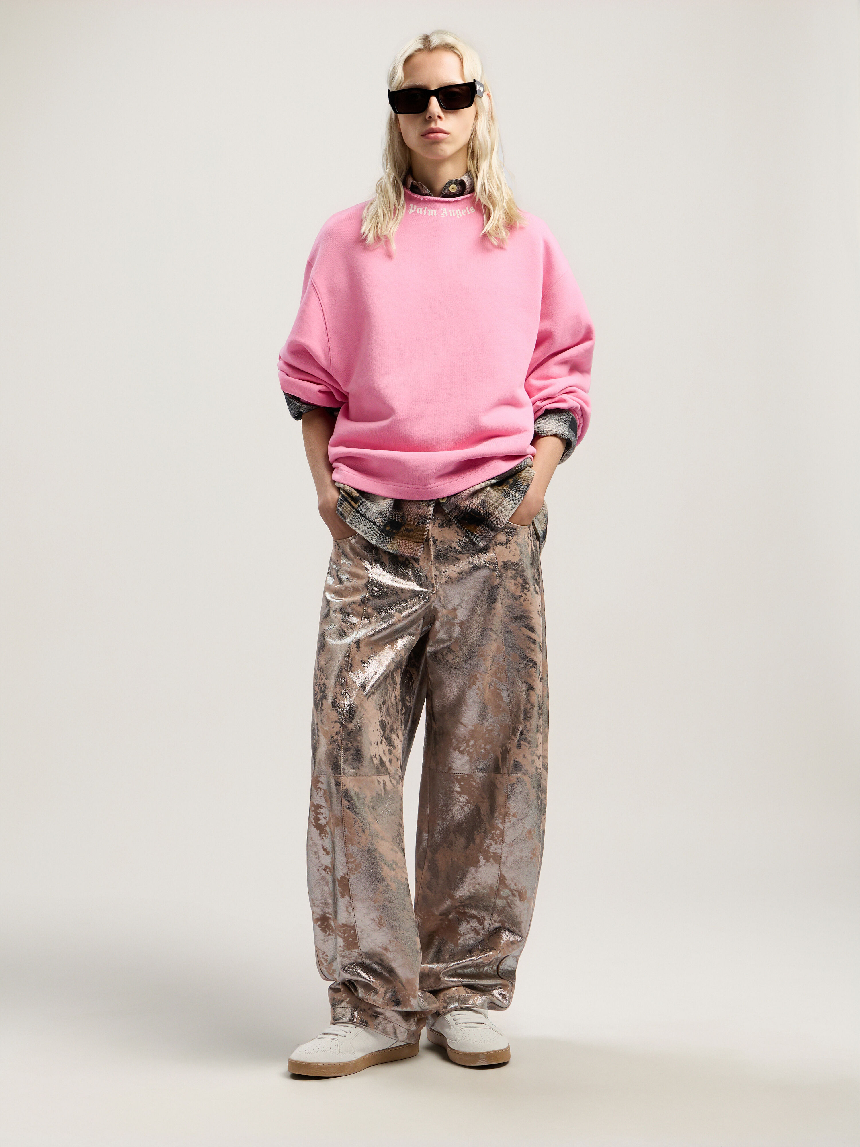 PALM ANGELS Curved Logo Collar Balloon Sweatshirt PINK - OFF WHITE PWBA05EF25FLE001