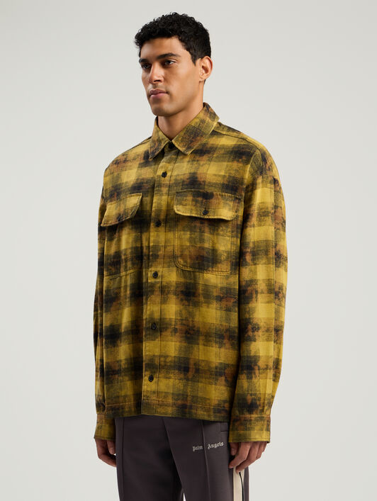PALM ANGELS Curved Logo Check Shirt L/S ARMY GREEN - BLACK PMGE043F25FAB002