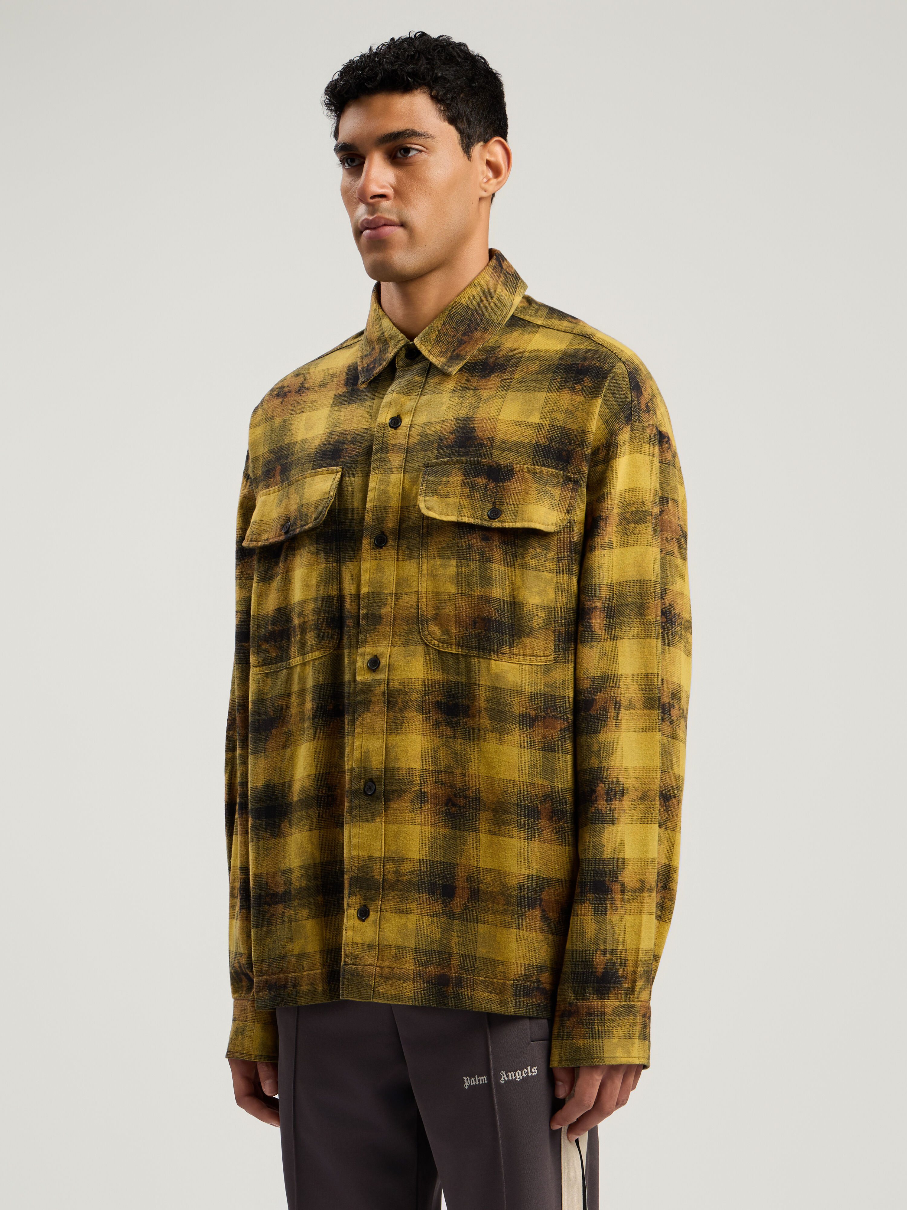 PALM ANGELS Curved Logo Check Shirt L/S ARMY GREEN - BLACK PMGE043F25FAB002