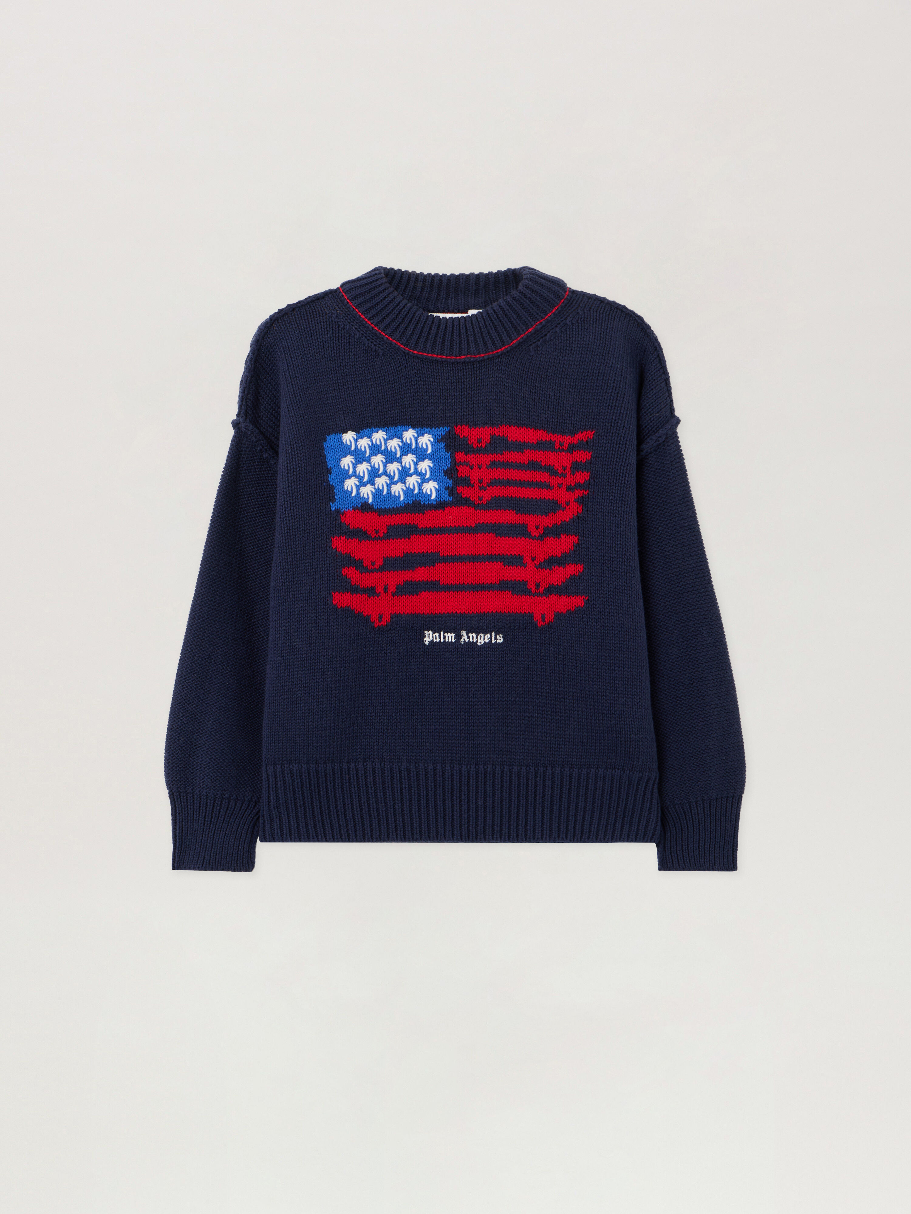 PALM ANGELS Palms Flag Knit Crewneck NAVY BLUE - RED PBHE002F25KNI003